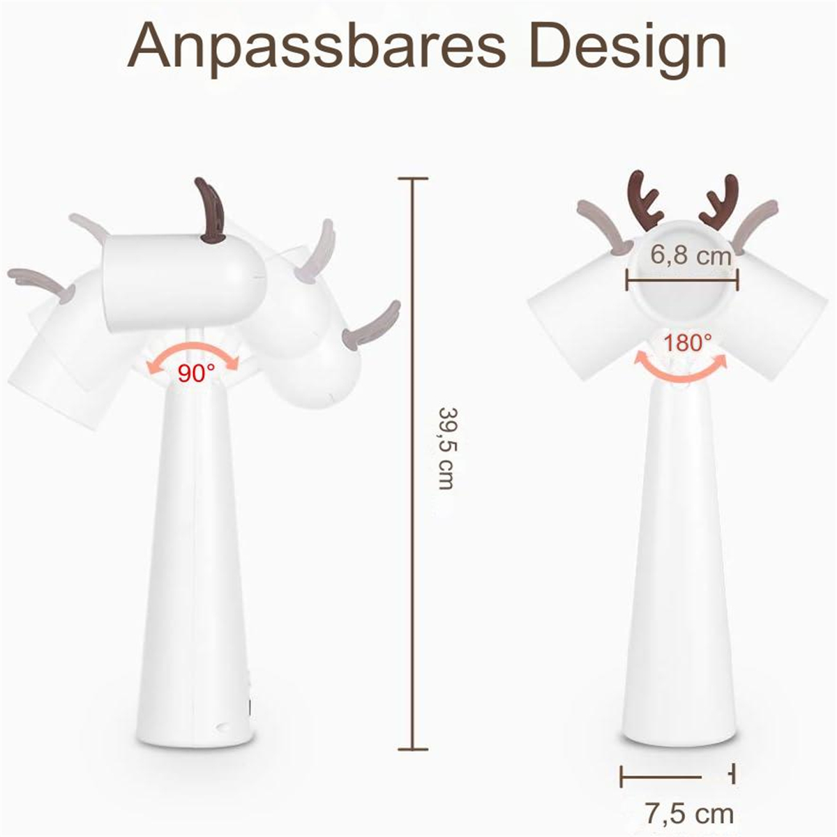 Diagramm eines anpassbaren Designs, weiß mit braunen Akzenten. Zeigt Abmessungen: 39,5 cm Höhe, 7,5 cm Basis, 6,8 cm Breite. Winkel: 90 und 180 Grad.