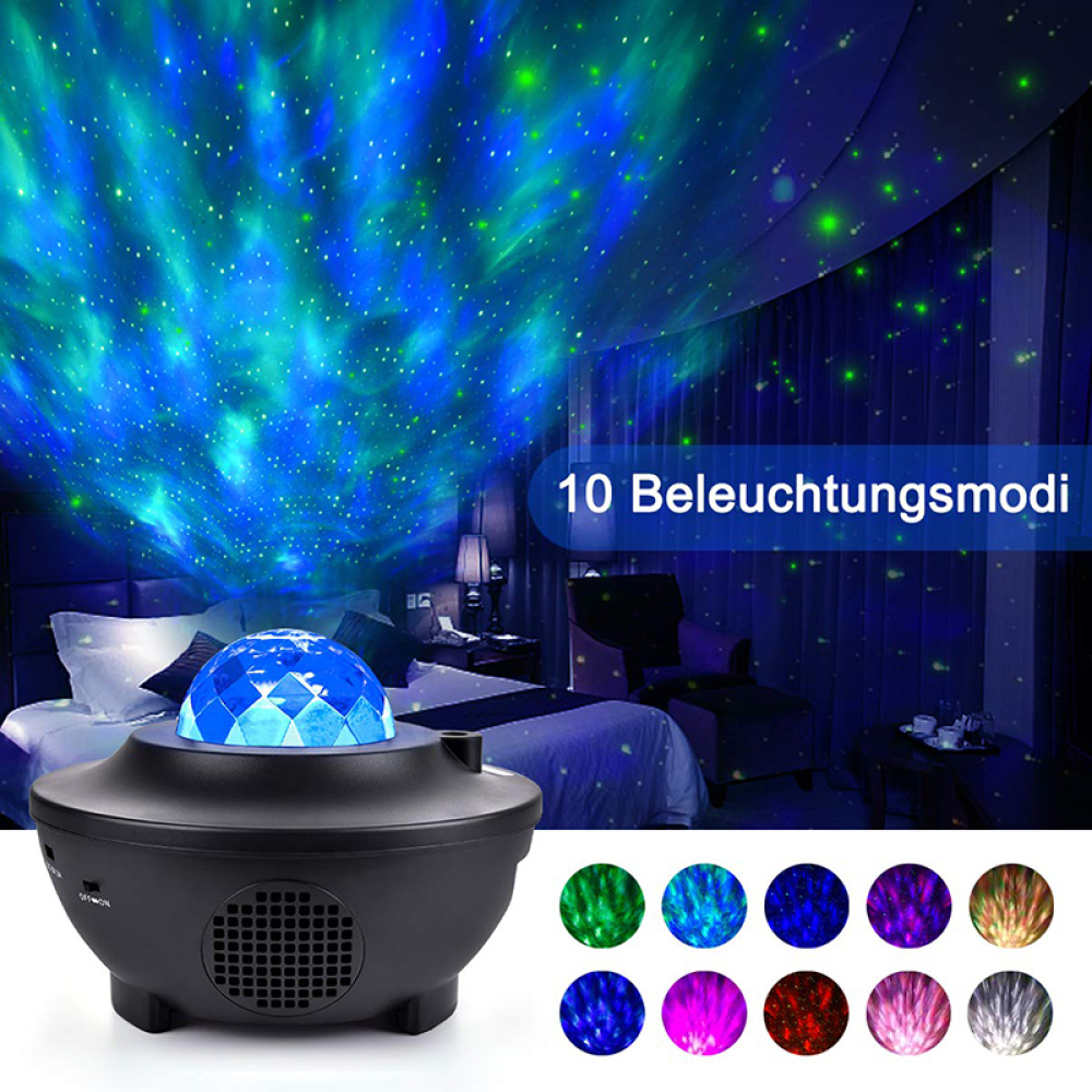 Schwarzer Sternprojektor mit blauem Licht, das einen Sternenhimmel-Effekt an der Decke erzeugt. Zehn Beleuchtungsmodi werden unten gezeigt.