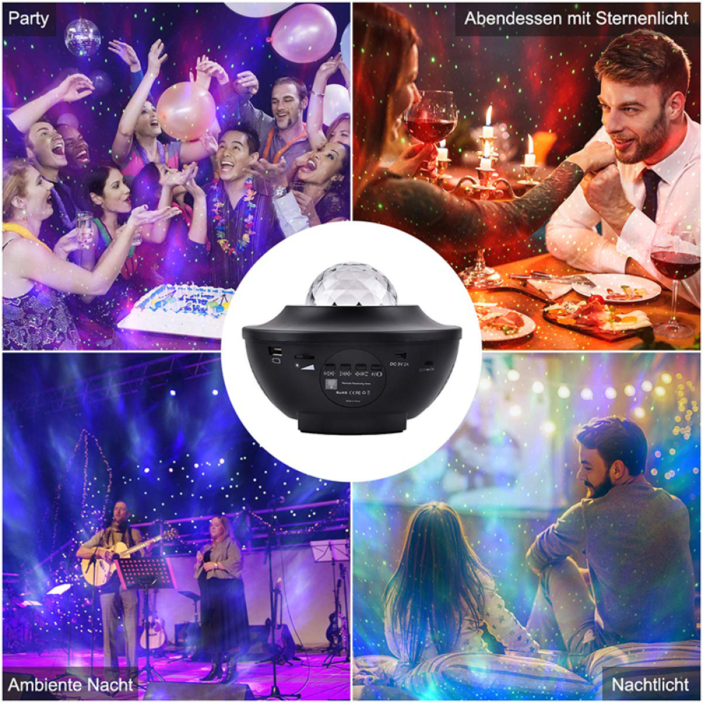 Collage mit Party, Abendessen, Konzert und Paar, alle unter projizierten Sternenlichtern. Ein zentrales schwarzes Gerät ist ebenfalls vorhanden.