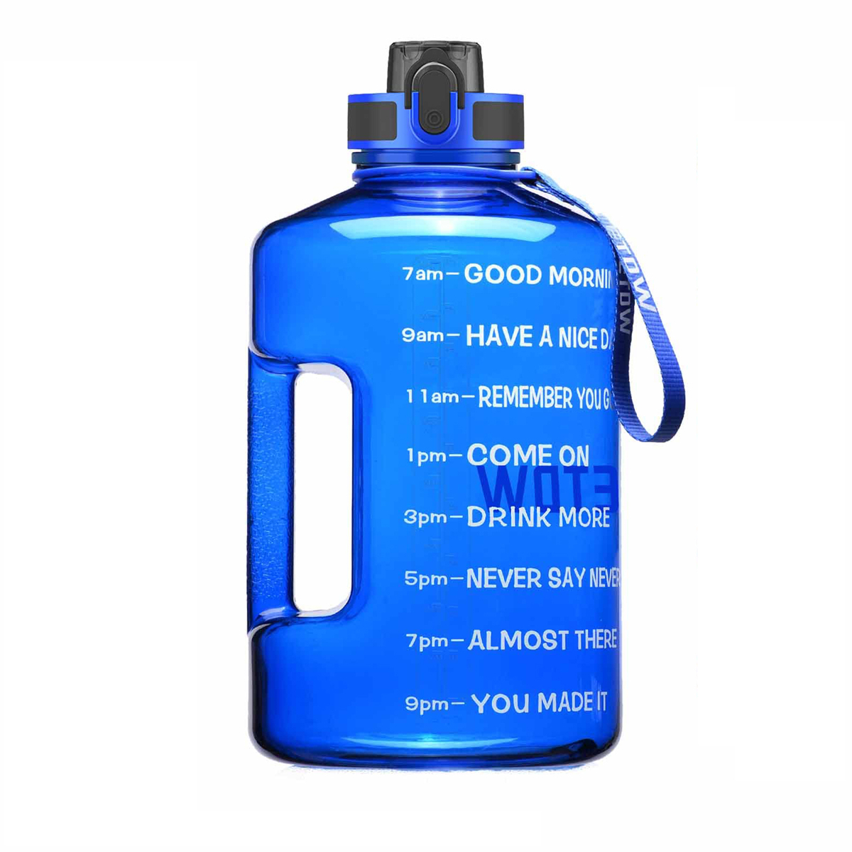 Blaue Wasserflasche mit motivierenden Zeitmarkierungen. Sie hat einen schwarzen Deckel und einen Griff, und der Text lautet 'Guten Morgen' und 'Trinken Sie mehr'.