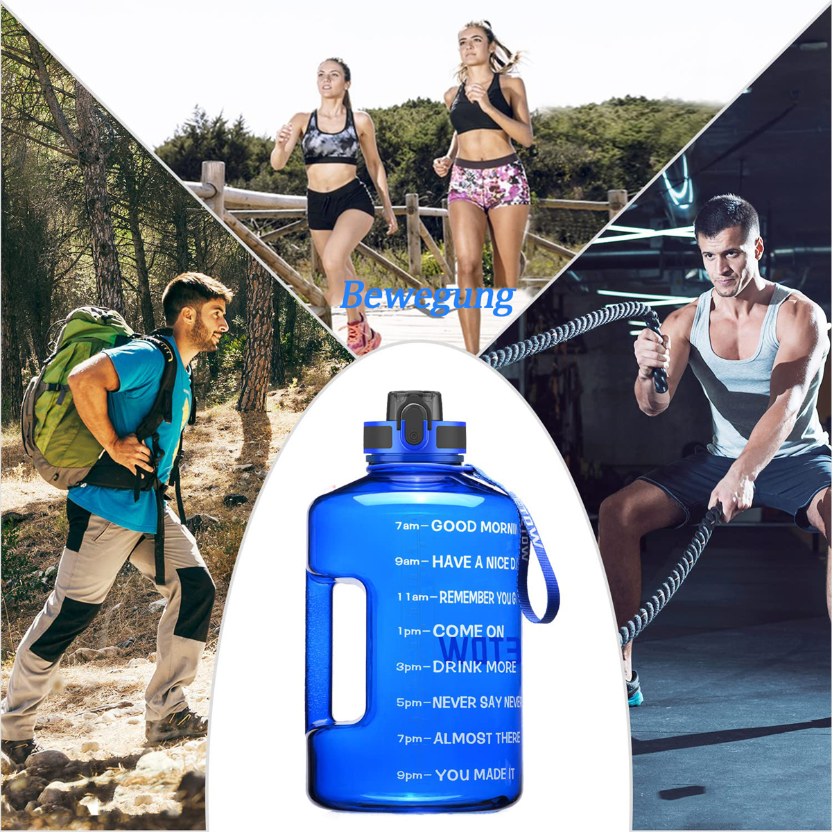 Das Bild zeigt Menschen, die um eine große blaue Wasserflasche mit Zeitmarkierungen trainieren. Szenen: Laufen, Wandern, Training im Fitnessstudio.