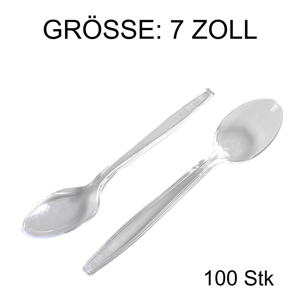 Zwei transparente Plastiklöffel auf weißem Hintergrund. Text: 'GRÖSSE: 7 ZOLL' und '100 Stk'.