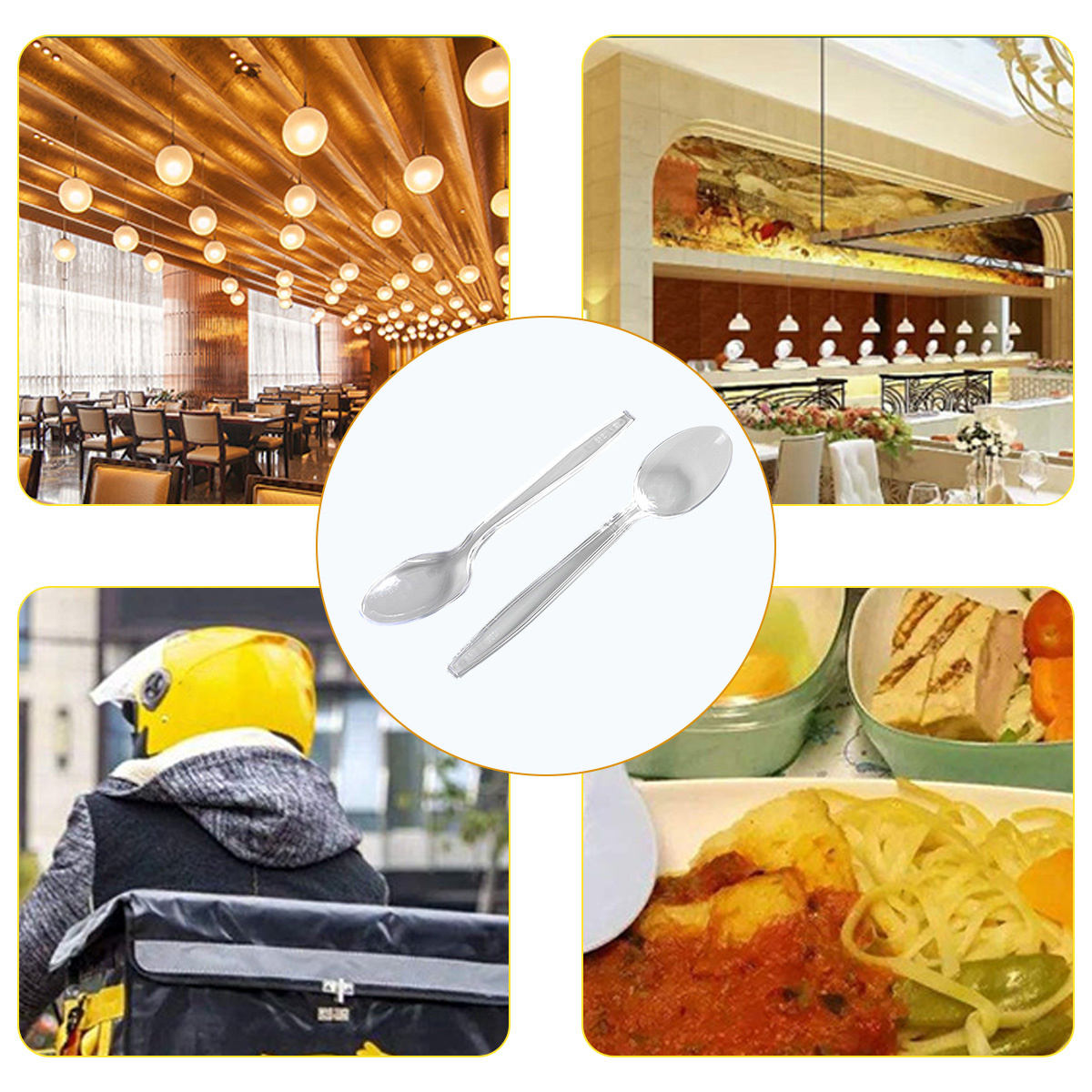 Das Bild zeigt ein Restaurant, eine Lieferperson, Löffel und einen Teller mit Essen. Mehrere Szenen werden in einer Collage dargestellt.