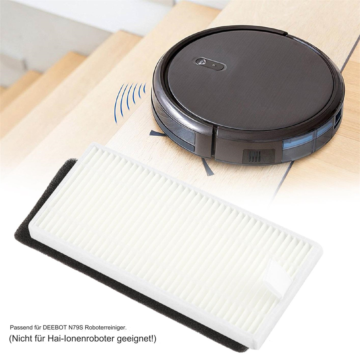 Ein schwarzer Roboter-Staubsauger und ein weißer Filter mit schwarzen Rändern liegen auf Holztreppen. Text weist auf Kompatibilität und Inkompatibilität hin.