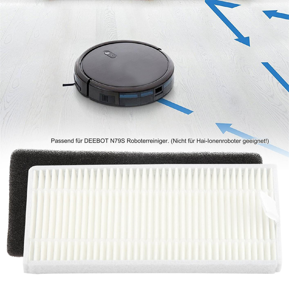 Ein schwarzer Roboter-Staubsauger und zwei Filter liegen auf einem hellen Holzboden. Blaue Pfeile zeigen die Reinigungsrichtung.