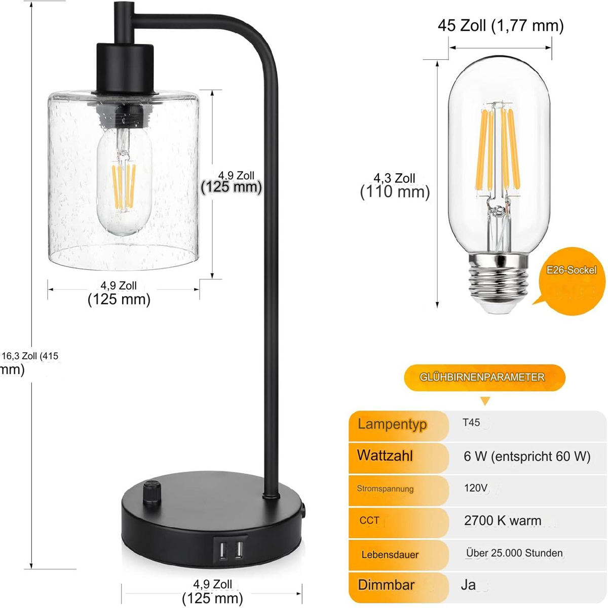 Eine schwarze Tischlampe mit Glasschirm und Glühbirne. Abmessungen und technische Daten sind ebenfalls angegeben.
