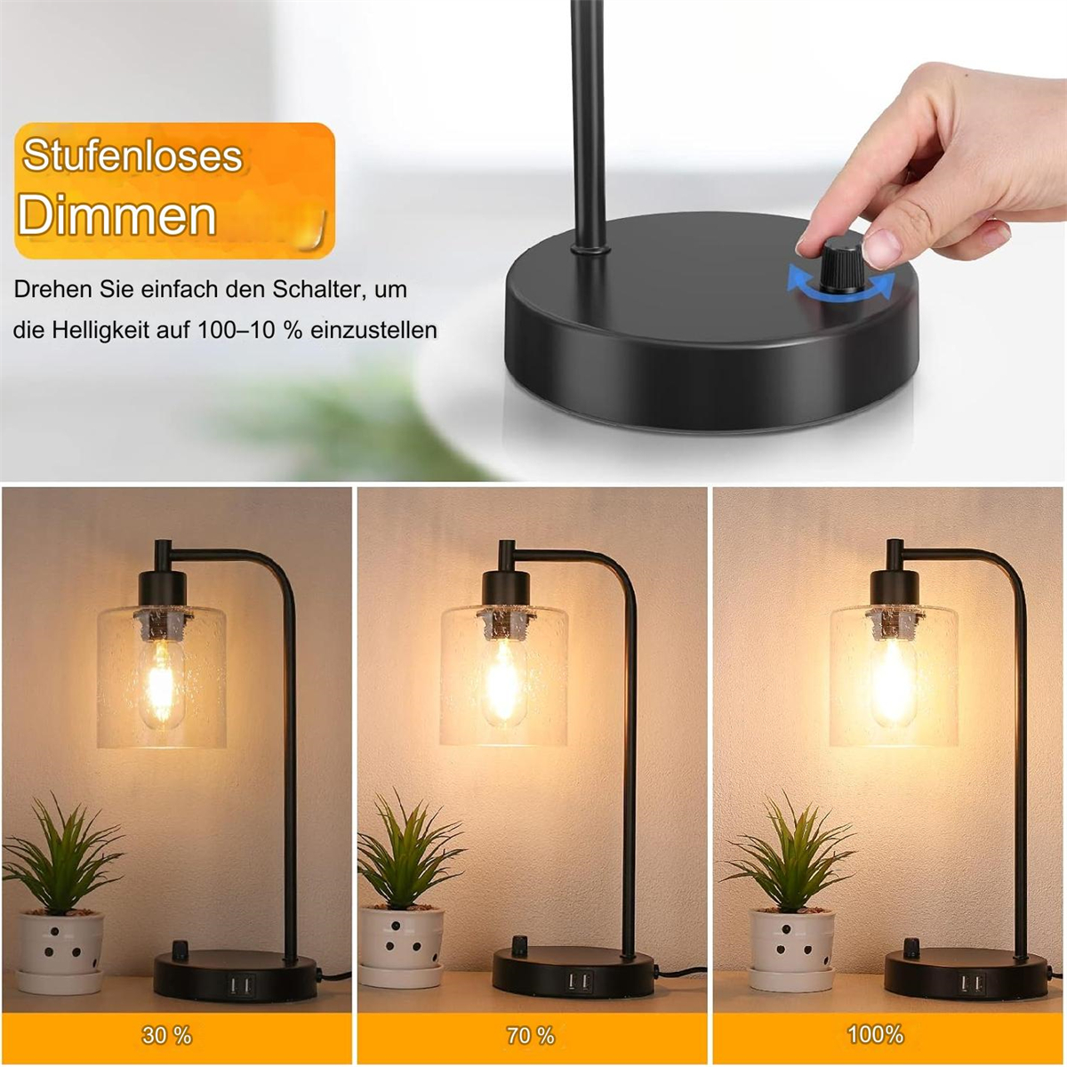 Eine schwarze Schreibtischlampe mit einer Hand, die einen Dimmschalter einstellt. Drei Lampen zeigen Helligkeitsstufen: 30 %, 70 % und 100 %.
