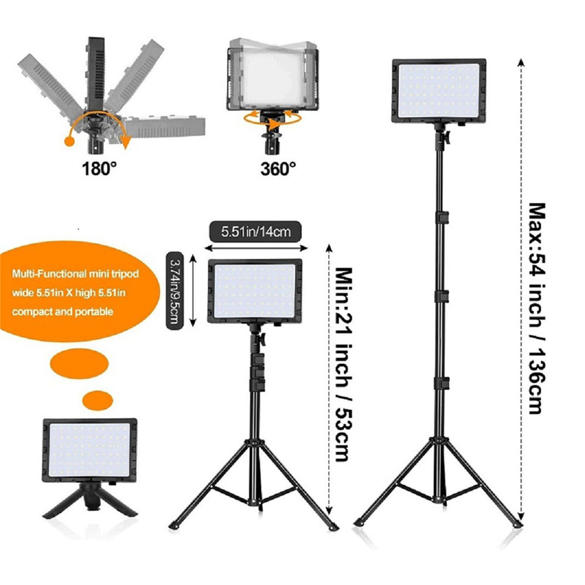 Diagramm von LED-Lichtpaneelen mit Stativen, das verstellbare Winkel, Abmessungen und Merkmale wie kompaktes und tragbares Design zeigt.