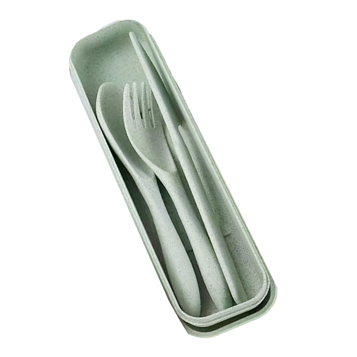 Ein hellgrünes Reisebesteck-Set. Es enthält einen Löffel, eine Gabel und ein Messer, alles in einer passenden Hülle verstaut. Der Koffer ist offen.