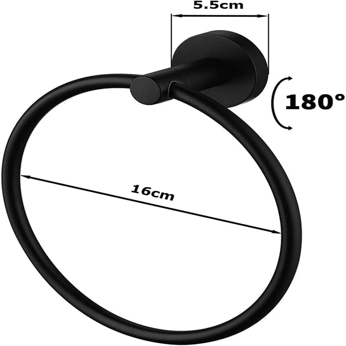 Ein schwarzer Handtuchring. Er hat einen Durchmesser von 16 cm und eine Basis von 5,5 cm. Der Ring kann sich um 180 Grad drehen.