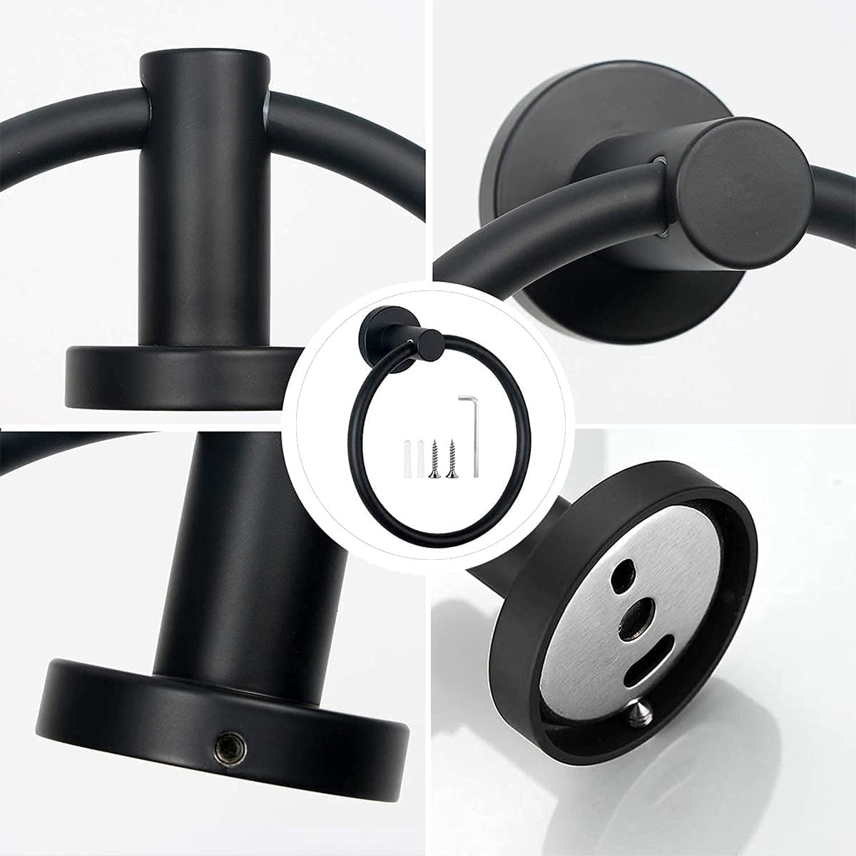 Nahaufnahmen eines schwarzen Handtuchrings mit kreisförmigem Design. Das Bild enthält Teile und Schrauben zur Montage.