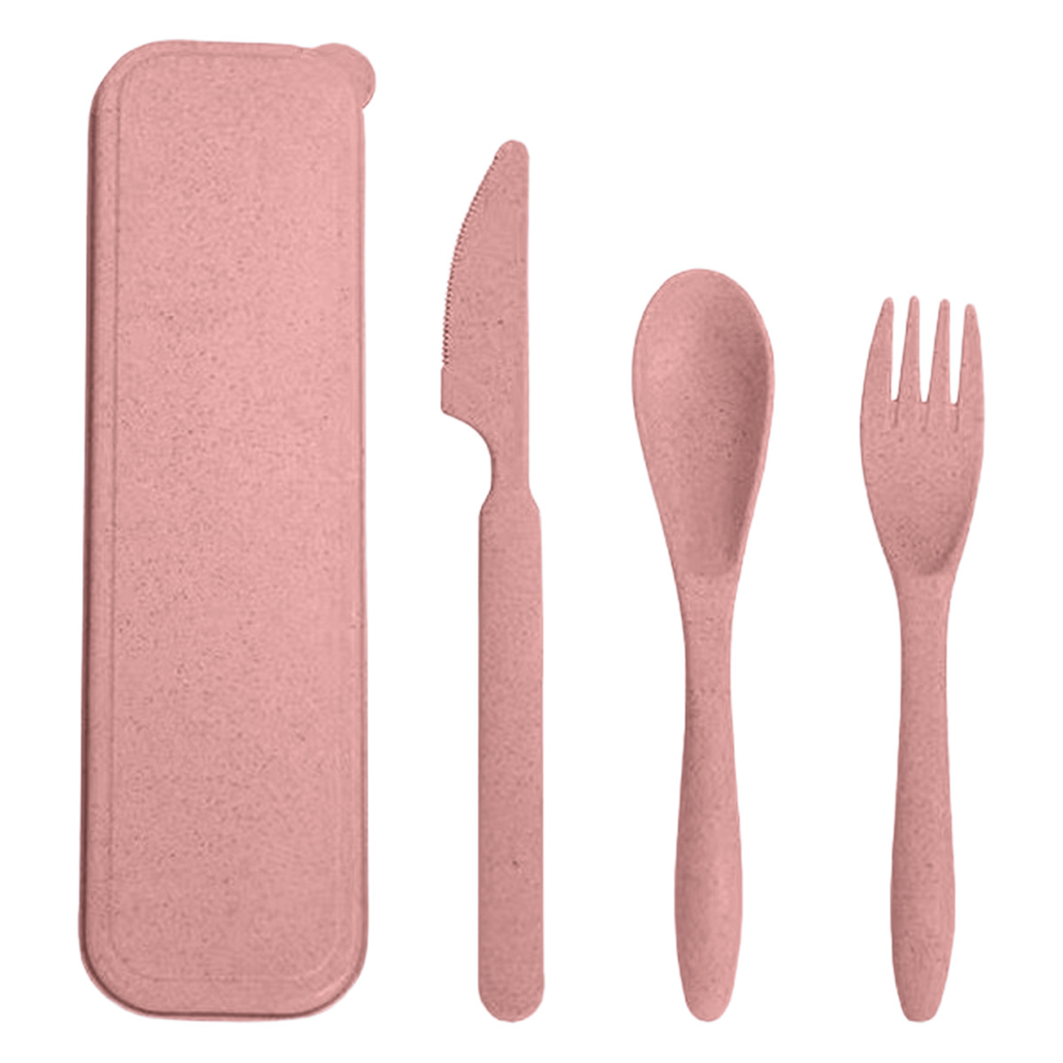 Ein rosa Reisebesteck-Set. Enthält eine Hülle, ein Messer, einen Löffel und eine Gabel. Alle Teile sind rosa und aus strukturiertem Material.