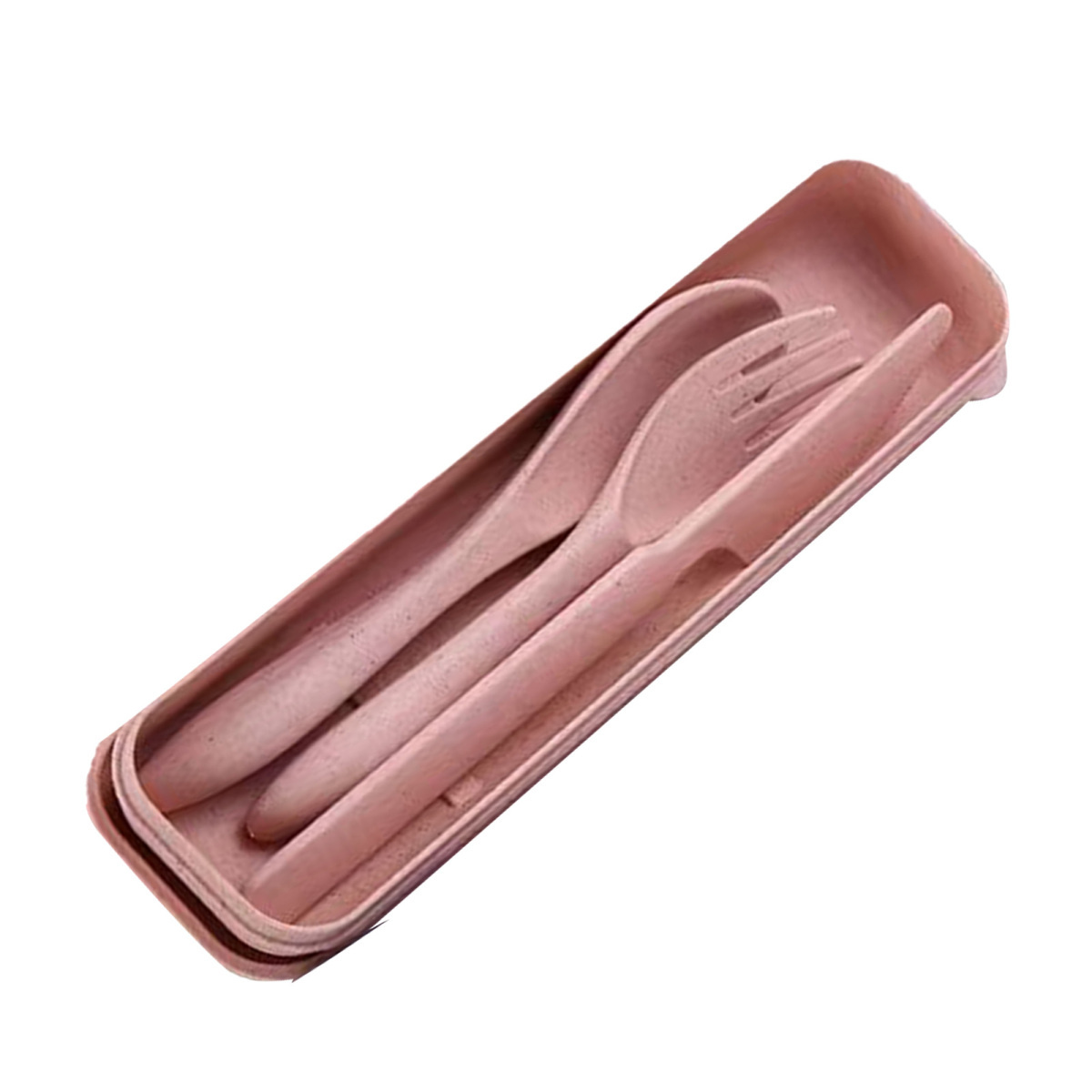 Ein rosa Reisebesteck-Set, bestehend aus Löffel, Gabel und Messer, liegt in einer passenden Hülle vor weißem Hintergrund.