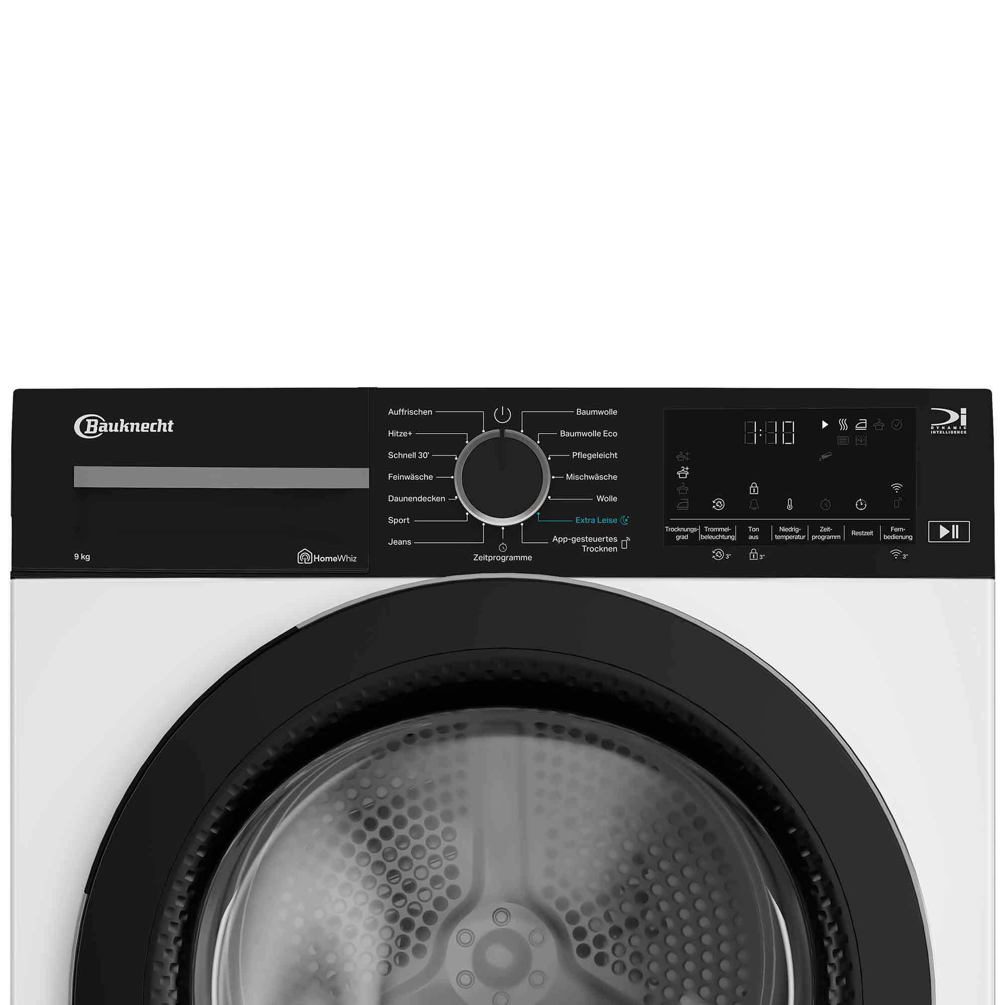 Ein weißer Bauknecht-Trockner. Er hat ein schwarzes Bedienfeld mit verschiedenen Programmen und eine Digitalanzeige.