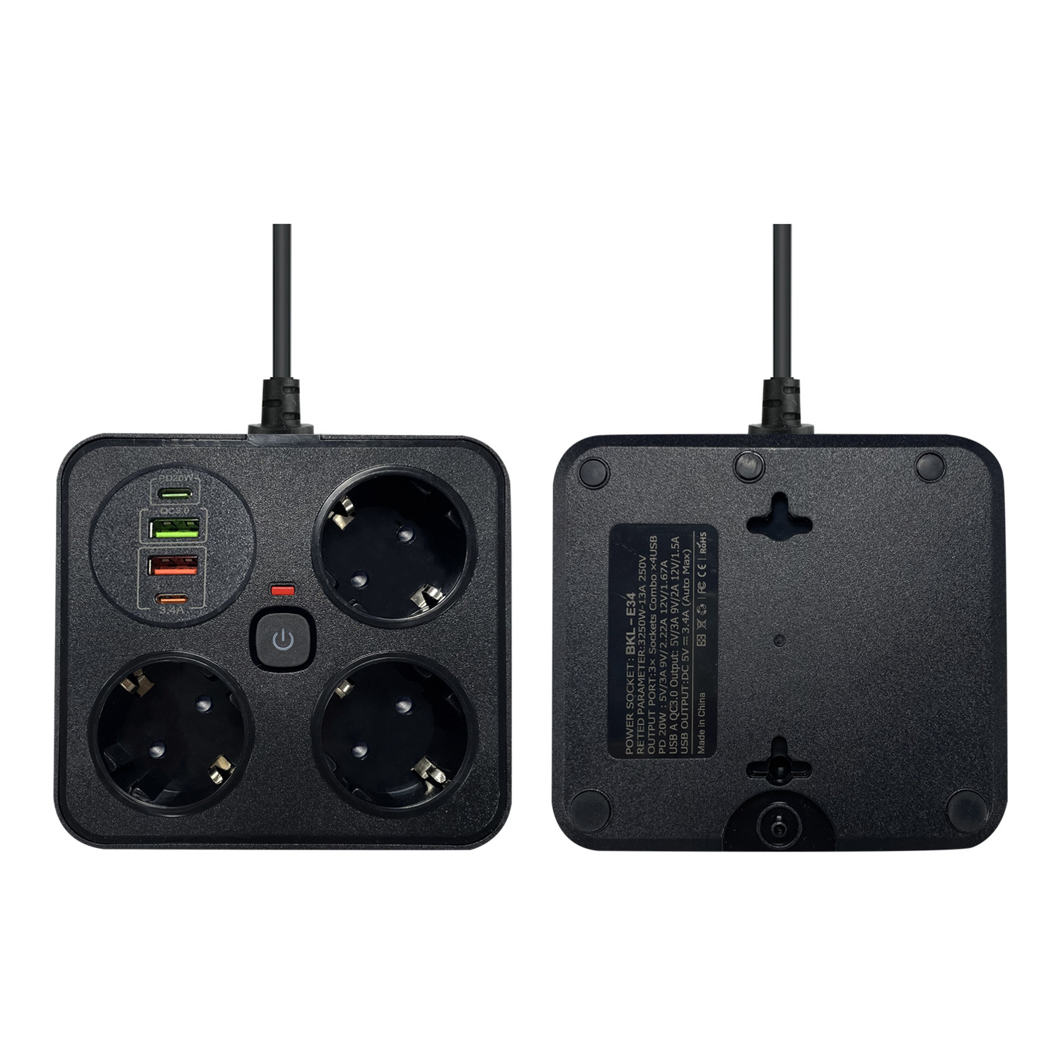 Ein schwarzes Stromkabel mit drei Steckdosen, vier USB-Anschlüssen und einem Netzschalter. Die Rückseite zeigt Spezifikationen.