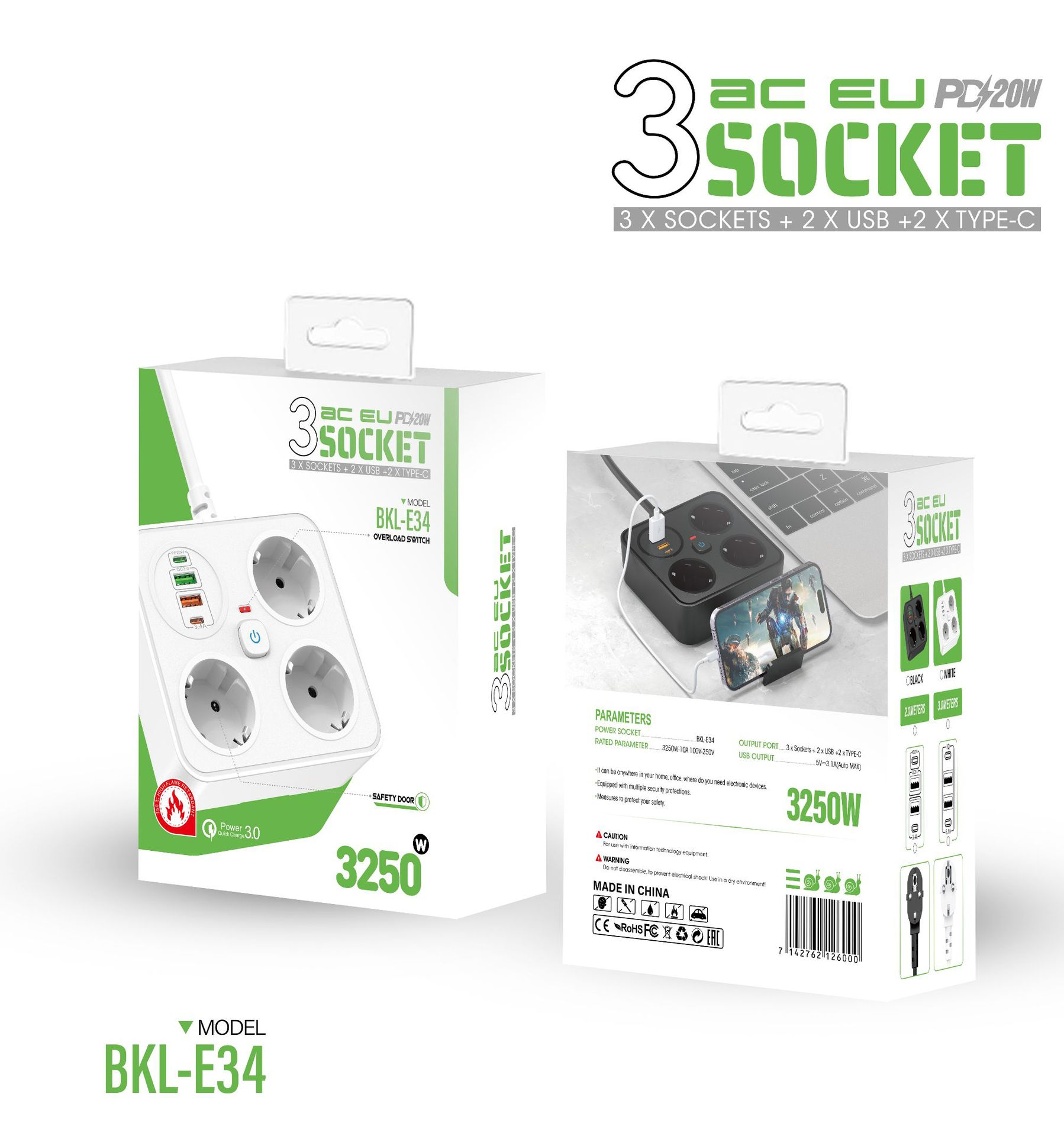 Eine weiße Steckdosenleiste mit Steckdosen, USB-Anschlüssen und Typ-C-Anschlüssen wird angezeigt. Ein Telefon ist angeschlossen.