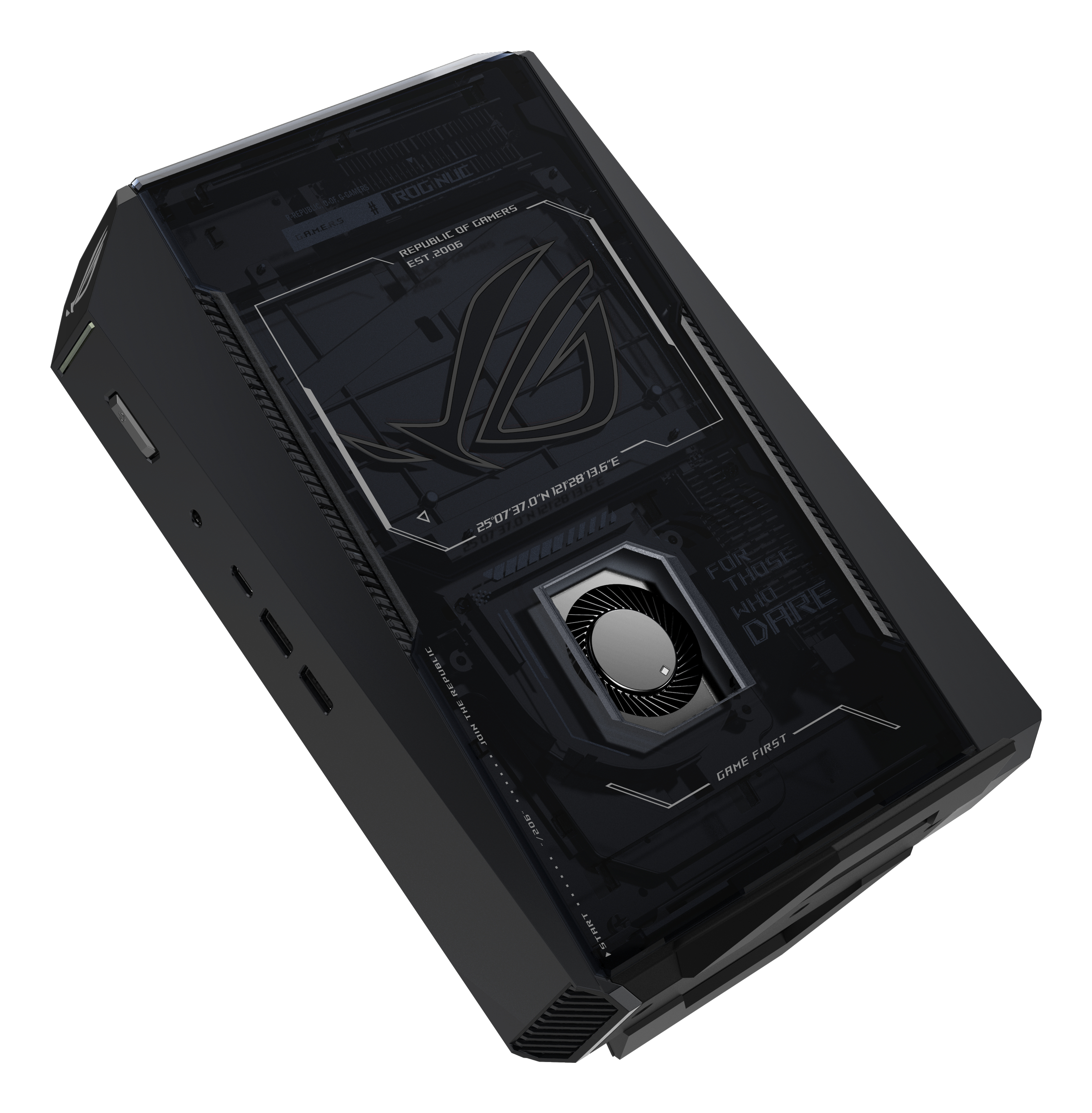 Czarny mini-PC ROG NUC, widok z perspektywy. Posiada wentylator, logo ROG i tekst 'FOR THOSE WHO DARE'.