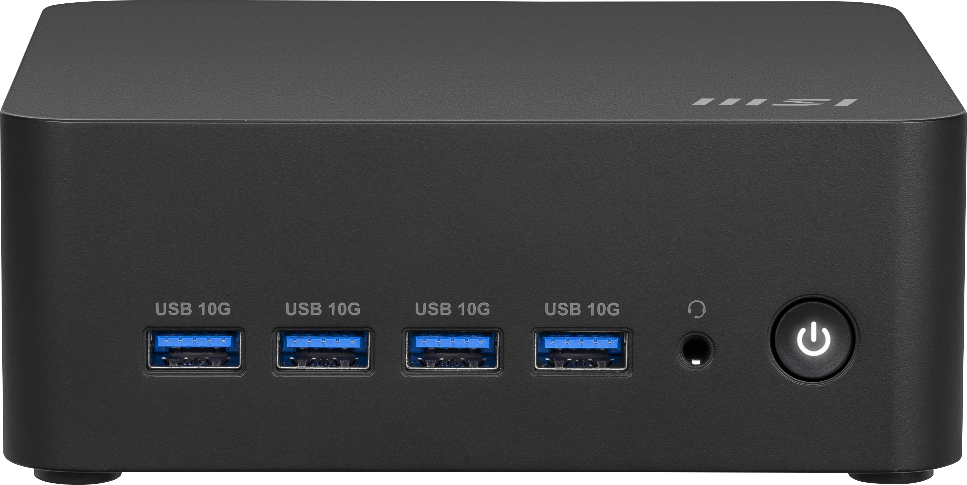 Czarny mini PC z portami USB, gniazdem słuchawkowym i przyciskiem zasilania. Przód ma prosty, nowoczesny design.