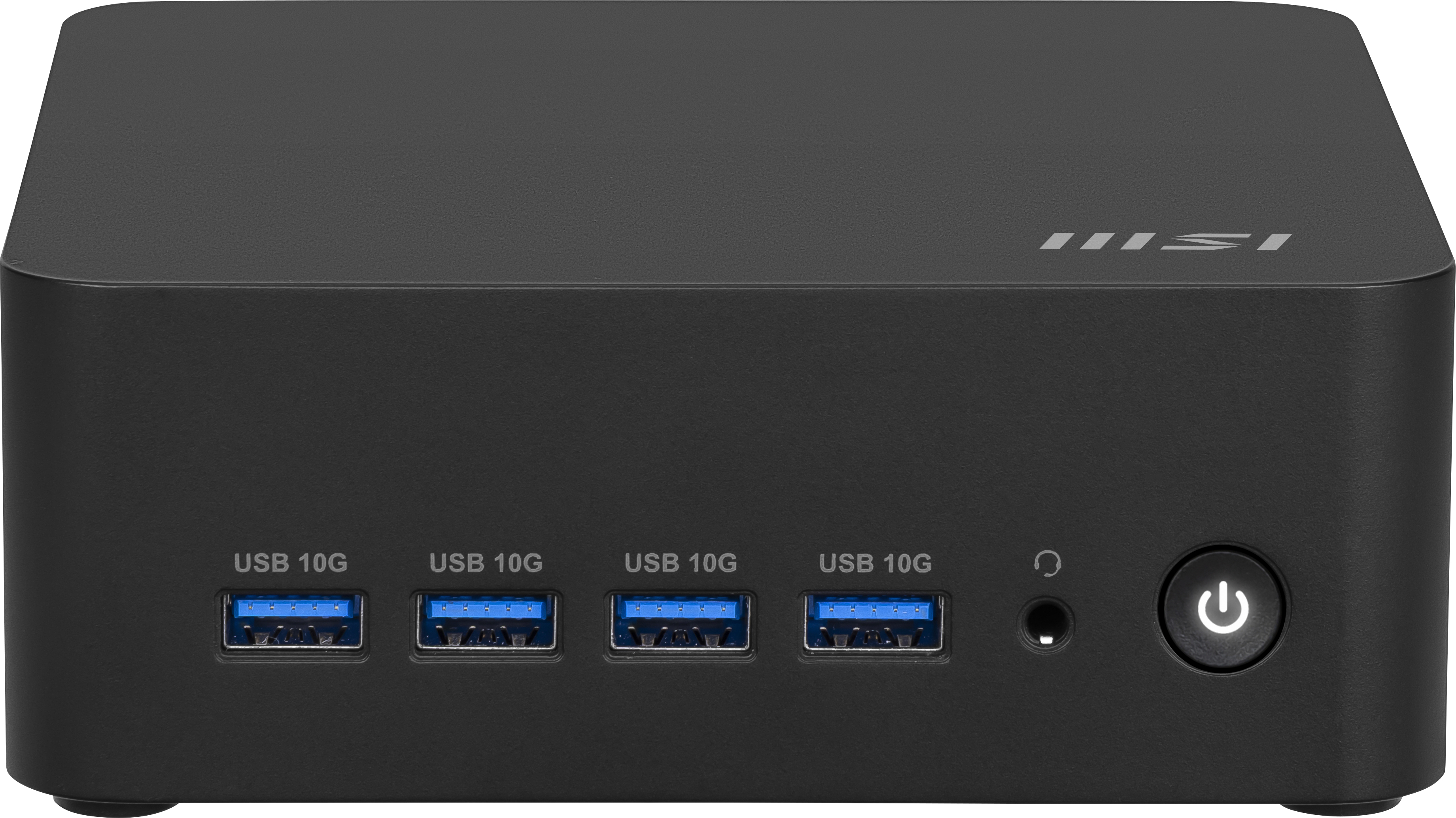 Czarny komputer MSI. Z przodu porty USB, gniazdo słuchawkowe i przycisk zasilania. Logo MSI na górze.