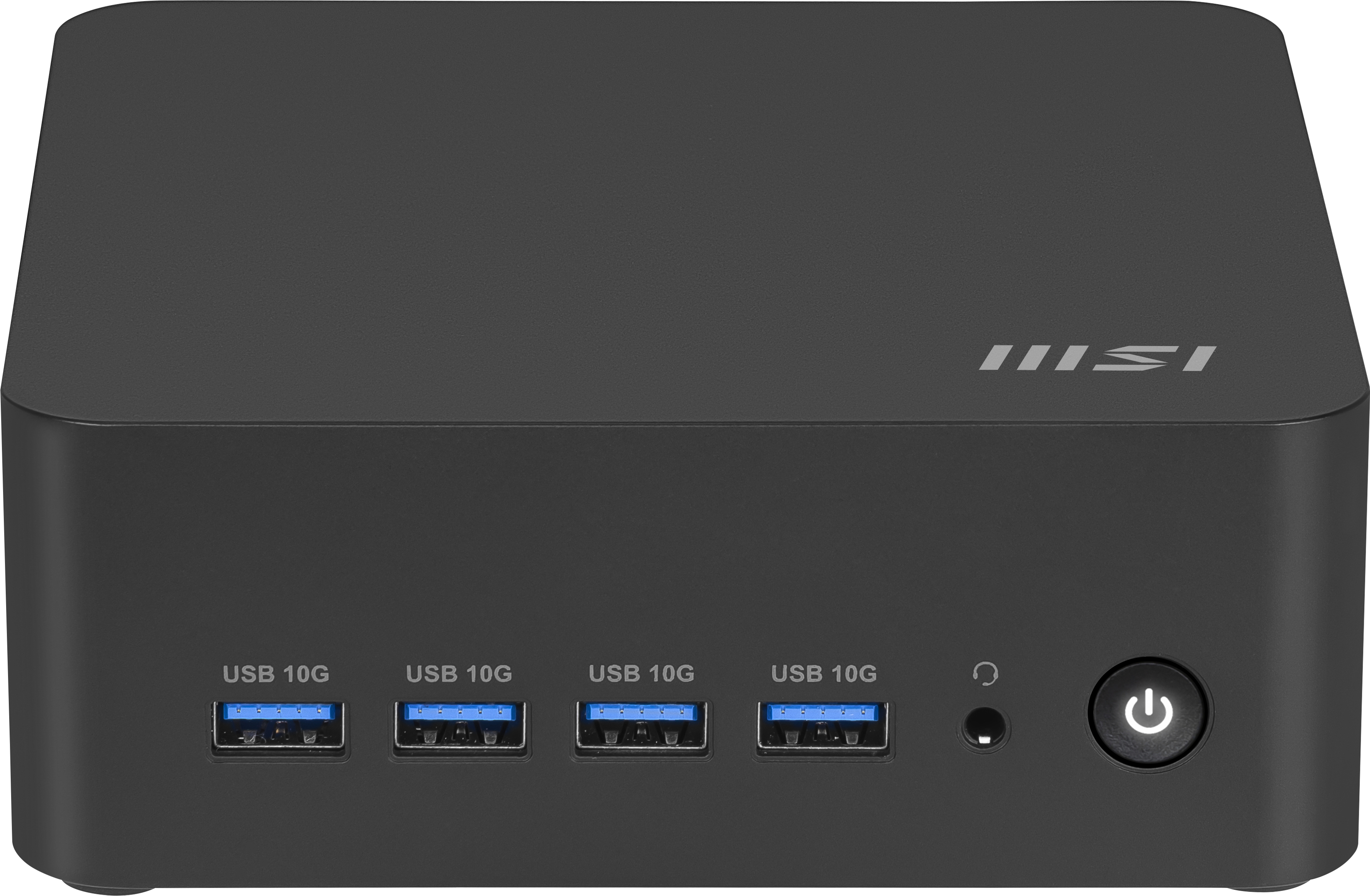 Czarny komputer z portami USB, przyciskiem zasilania i logo MSI. Urządzenie znajduje się na białej powierzchni.