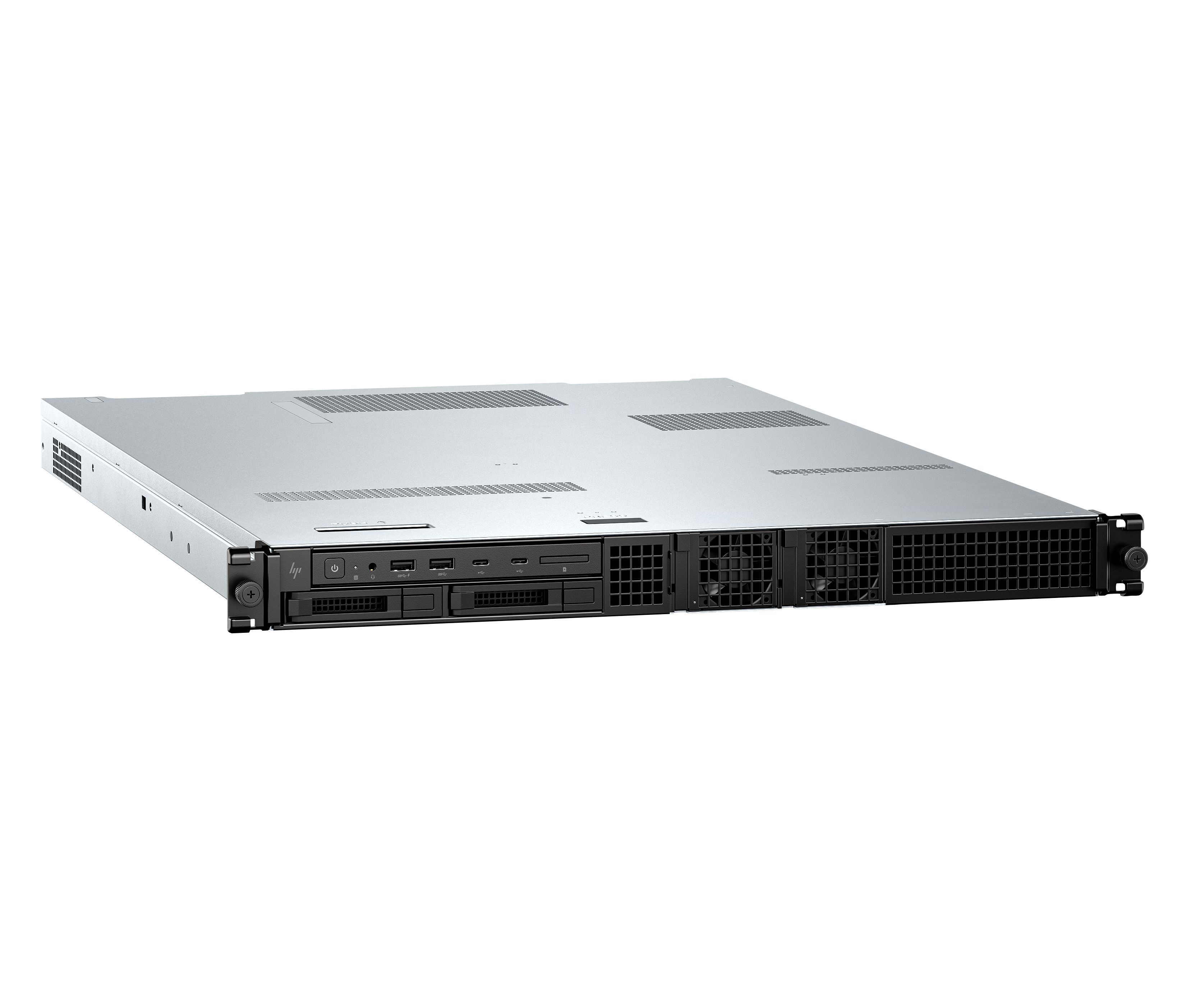 Un server argentato su una superficie bianca. Il pannello frontale ha porte e ventole.