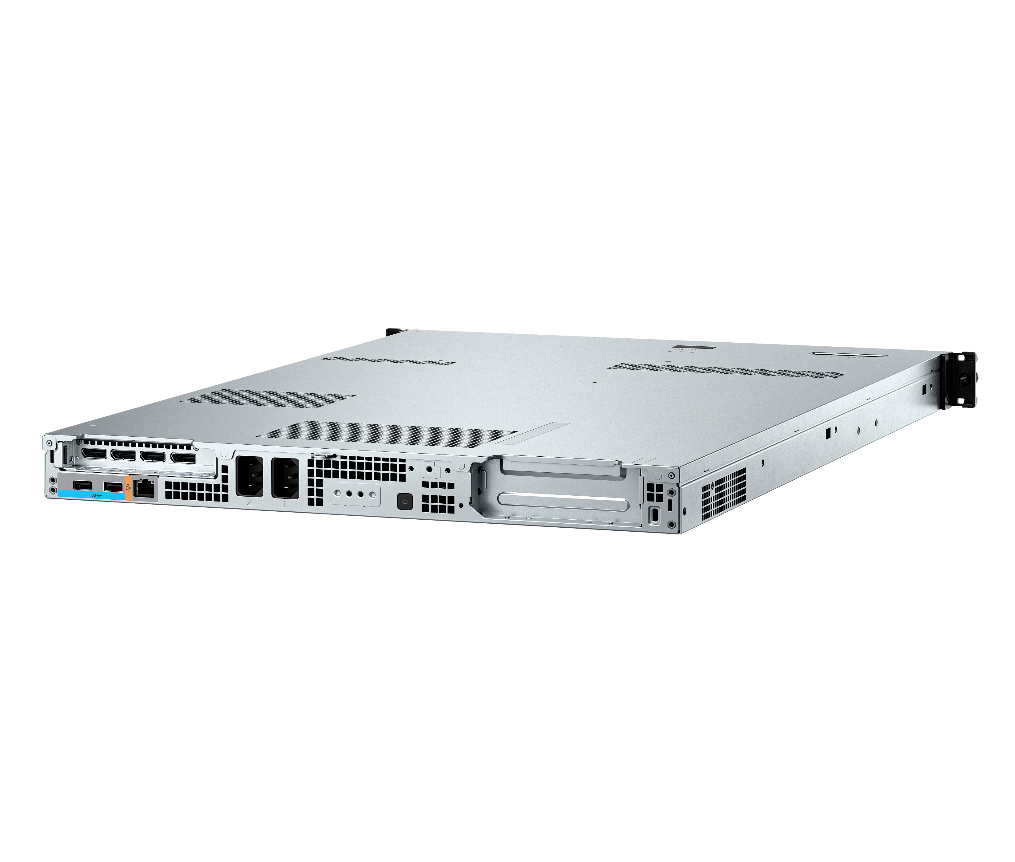 Un server rack argento su sfondo bianco. Ha porte, prese di corrente e fori di ventilazione.