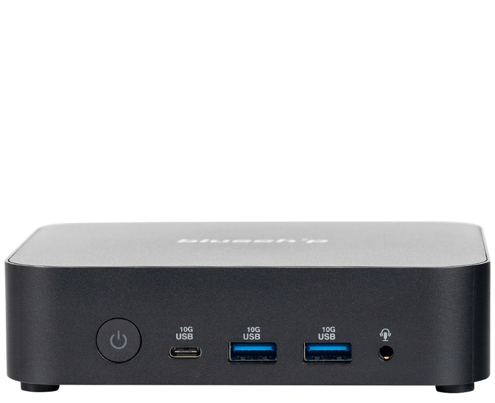 Un dispositivo rettangolare nero con porte USB e un pulsante di accensione. Lo sfondo è bianco.