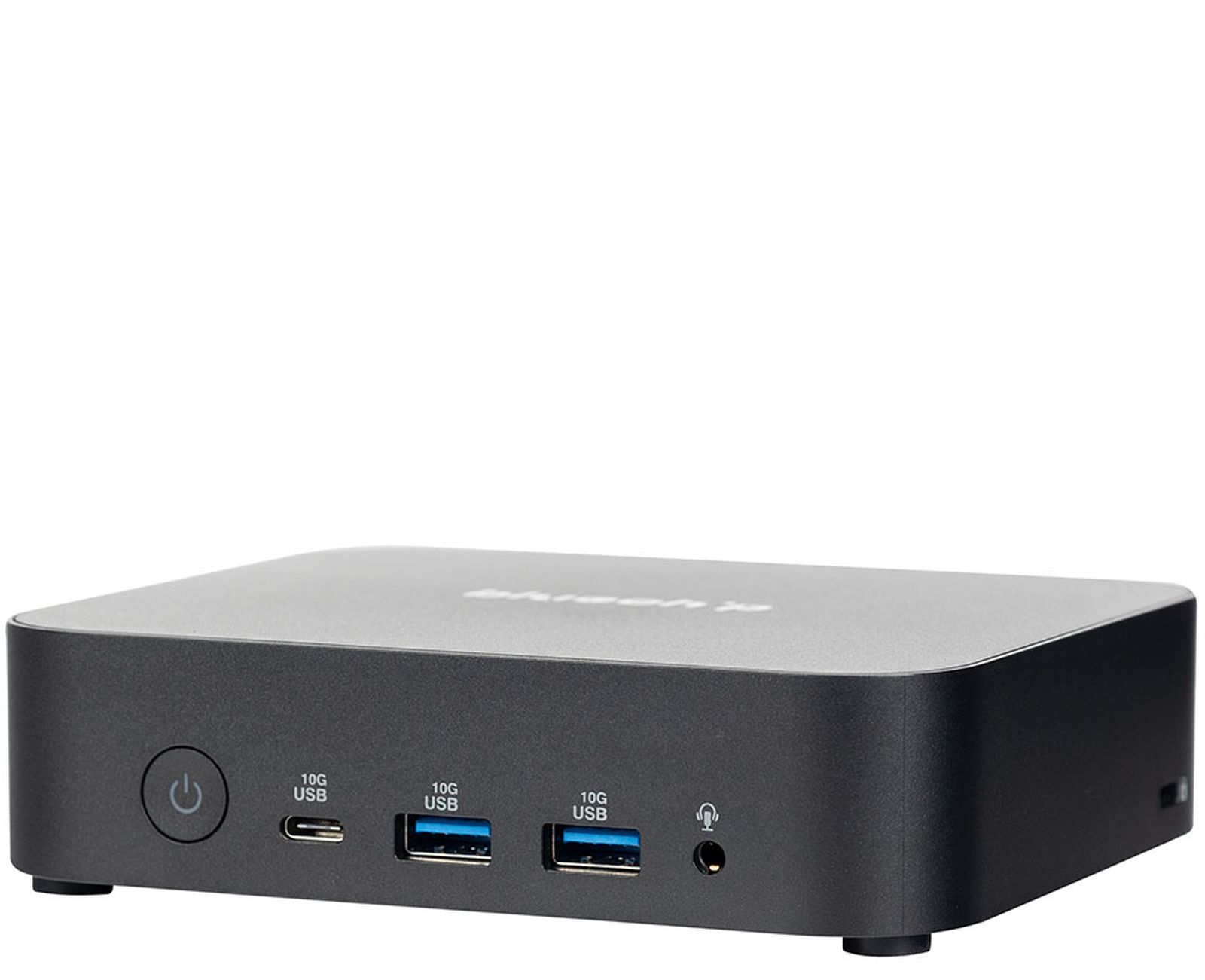 Un lettore multimediale grigio scuro con porte USB, un pulsante di accensione e un jack per cuffie. Lo sfondo è bianco.