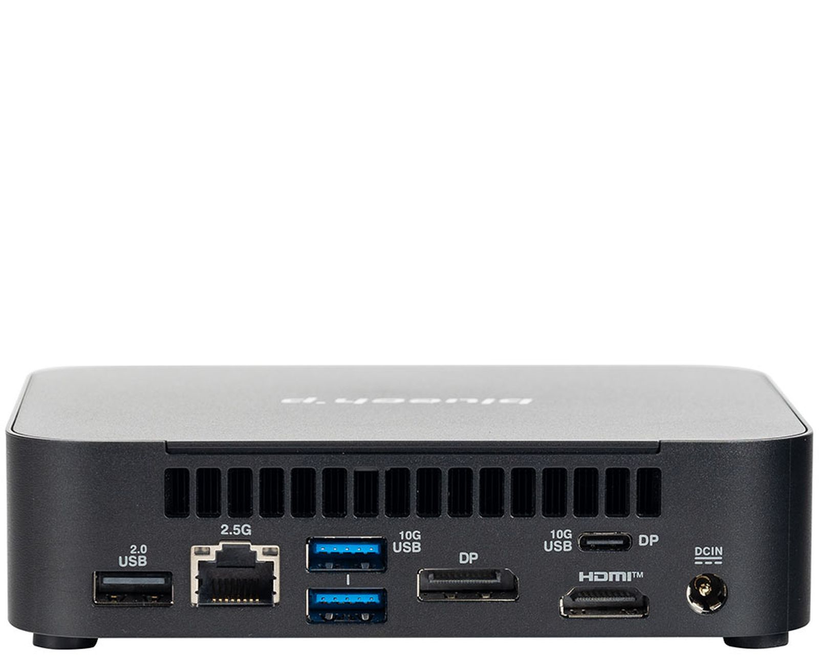 Un mini-computer nero con porte etichettate 2.0 USB, 2.5G, 10G USB, DP, HDMI e DCIN. La parte superiore ha il marchio.