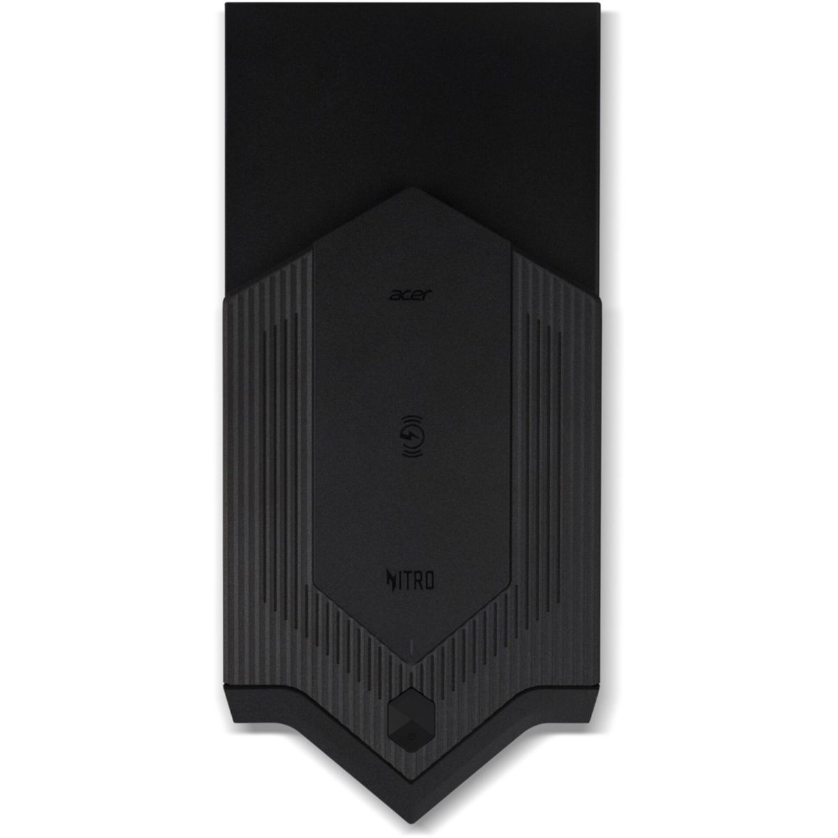 Czarna ładowarka bezprzewodowa Acer Nitro. Urządzenie ma kształt prostokąta, wzorzystą powierzchnię i logo Nitro.