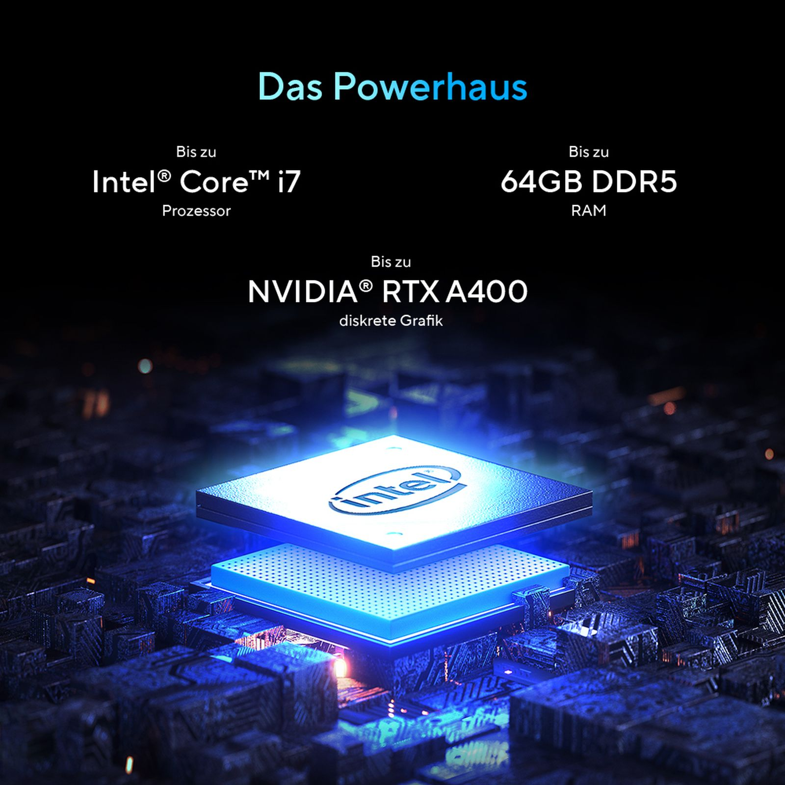 Procesor Intel z logo Intel, funkcje takie jak i7, 64GB DDR5 RAM i grafika NVIDIA RTX A400 na niebieskiej płytce drukowanej.