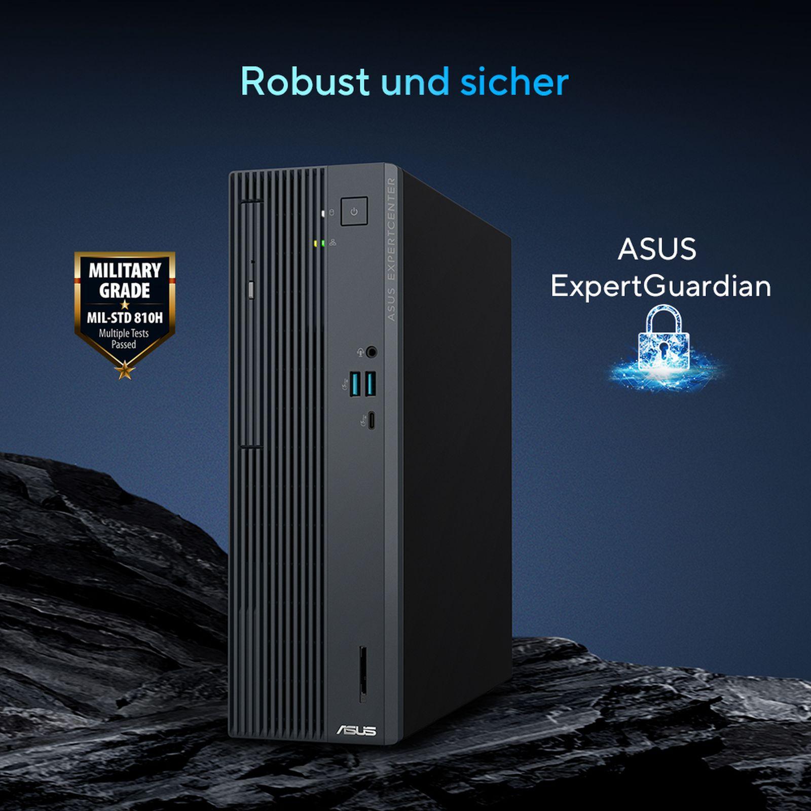 Czarny komputer stacjonarny ASUS ExpertCenter. Posiada odznakę MILITARY GRADE i ikonę kłódki.