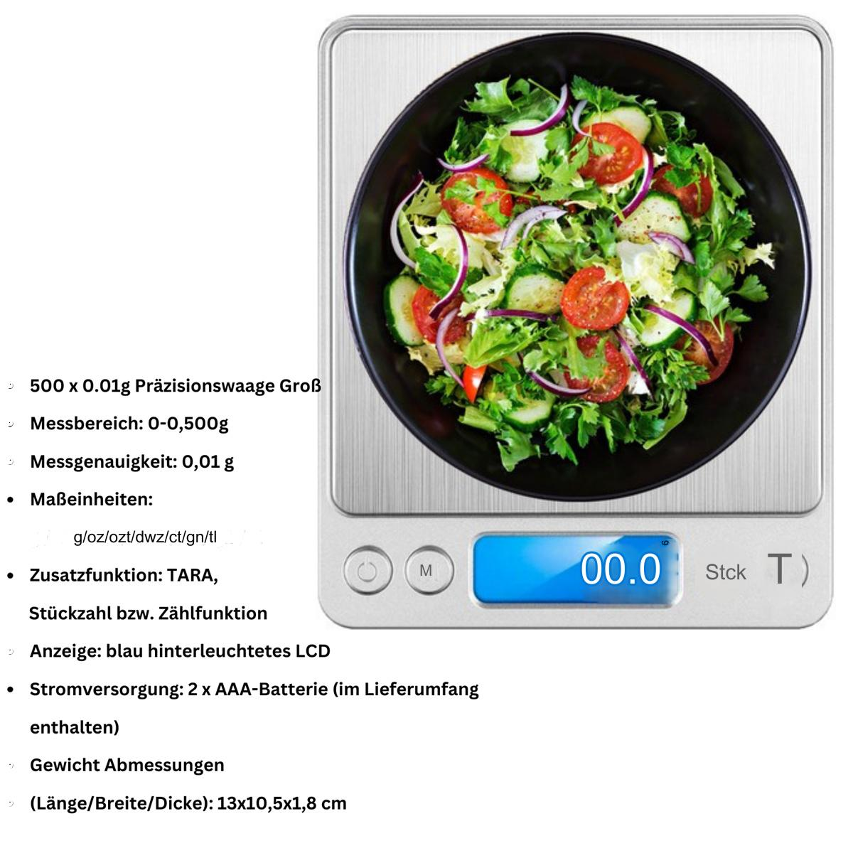 Ein Salat in einer schwarzen Schüssel auf einer Digitalwaage, Tomaten, Gurken, rote Zwiebeln und Grünzeug sind sichtbar.