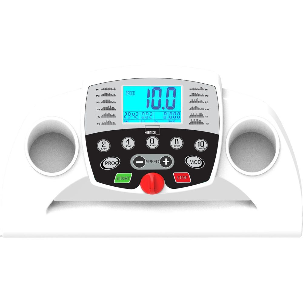 Consola de cinta de correr con pantalla digital de velocidad. Botones: inicio, parada, ajuste de velocidad y modo.
