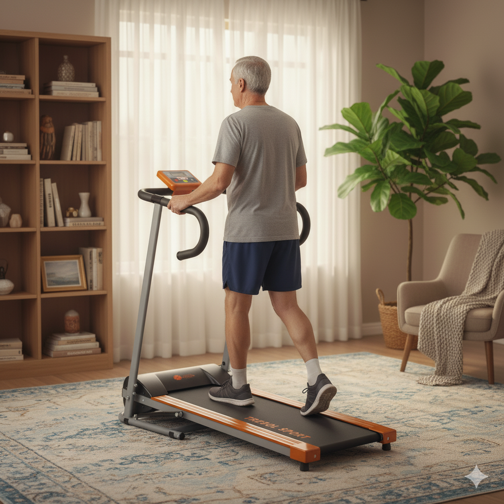 Un anciano camina en una cinta de correr. La cinta de correr es naranja y negra. Una estantería y una planta están en el fondo.