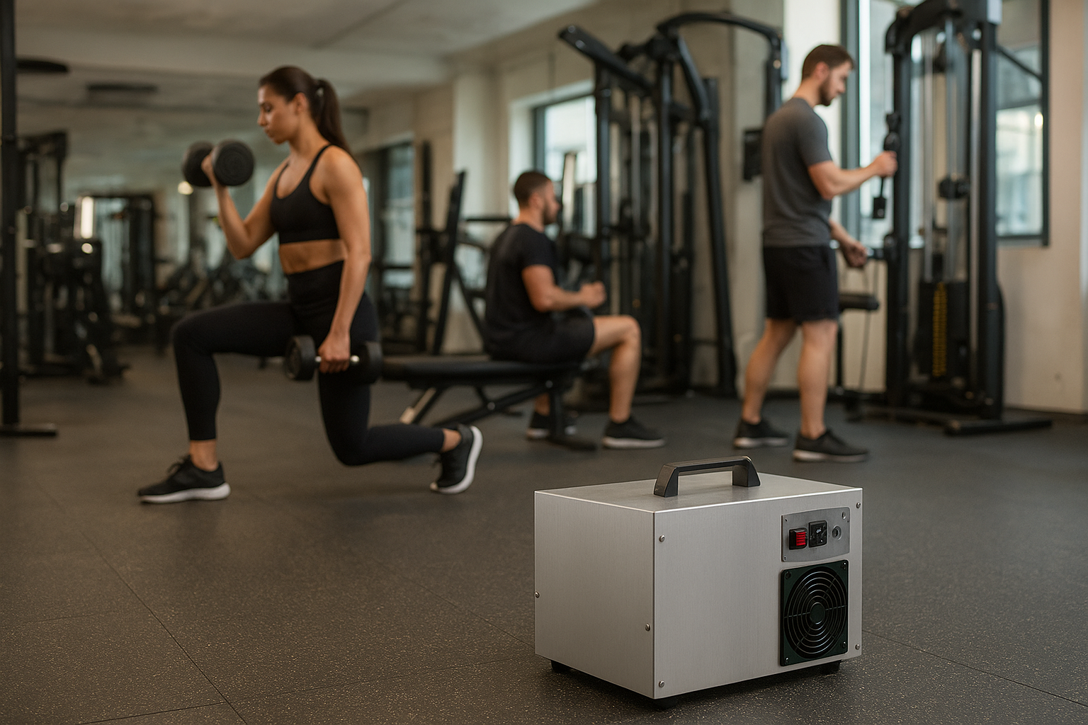 Una mujer se ejercita con pesas en un gimnasio. También hay dos hombres presentes. Una caja plateada con un ventilador está en el suelo.