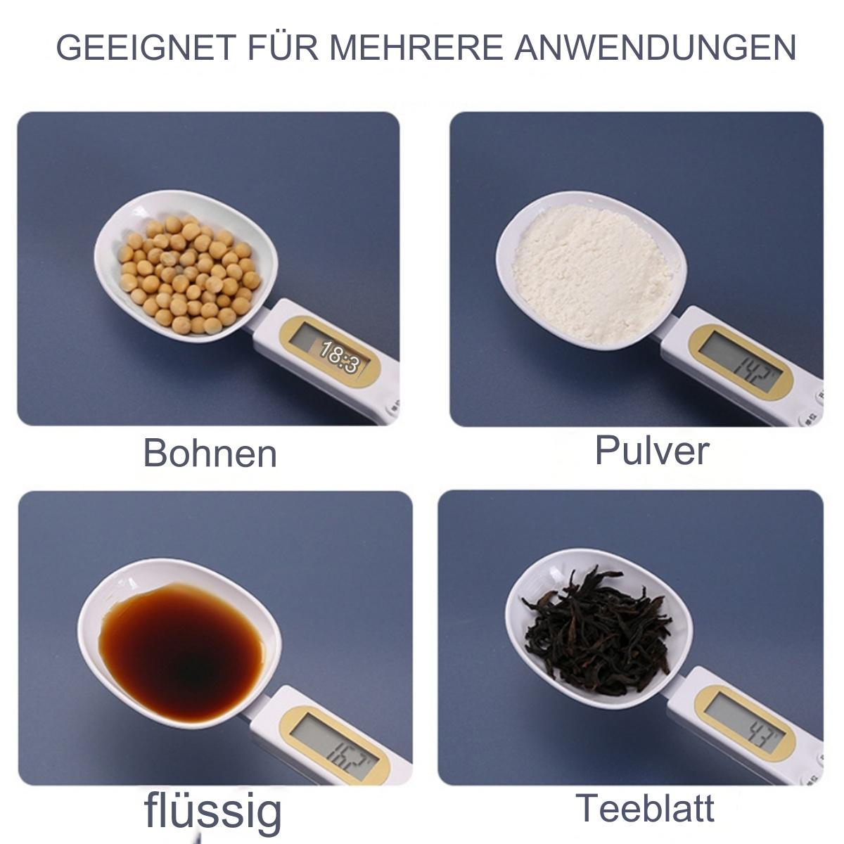 Das Bild zeigt vier Messlöffel mit unterschiedlichen Inhalten: Bohnen, Pulver, Flüssigkeit und Teeblätter, mit Digitalwaagen.
