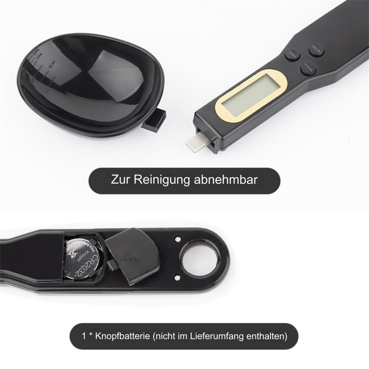 Eine digitale Küchenwaage mit Messlöffel, Waagegriff und Batteriefach. Text enthält Reinigungsanweisungen.