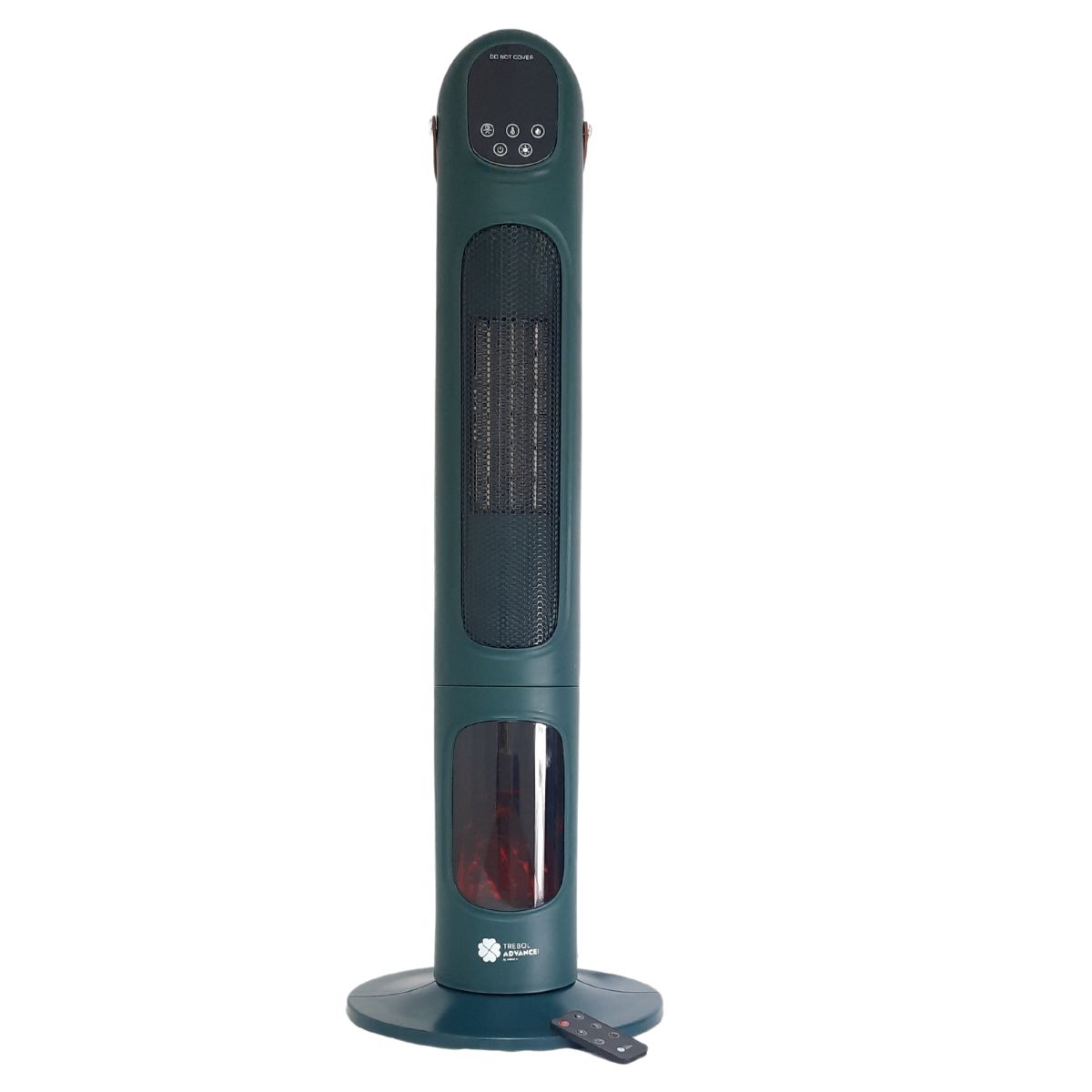 Un calefactor de torre verde azulado con efecto de llama en la parte inferior y un mando a distancia. El calefactor está sobre fondo blanco.