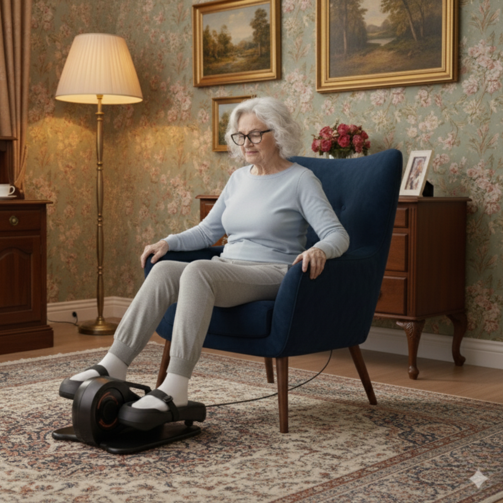 Una anciana está sentada en una silla azul usando un ejercitador de pies. La habitación tiene un papel pintado floral y muebles antiguos.