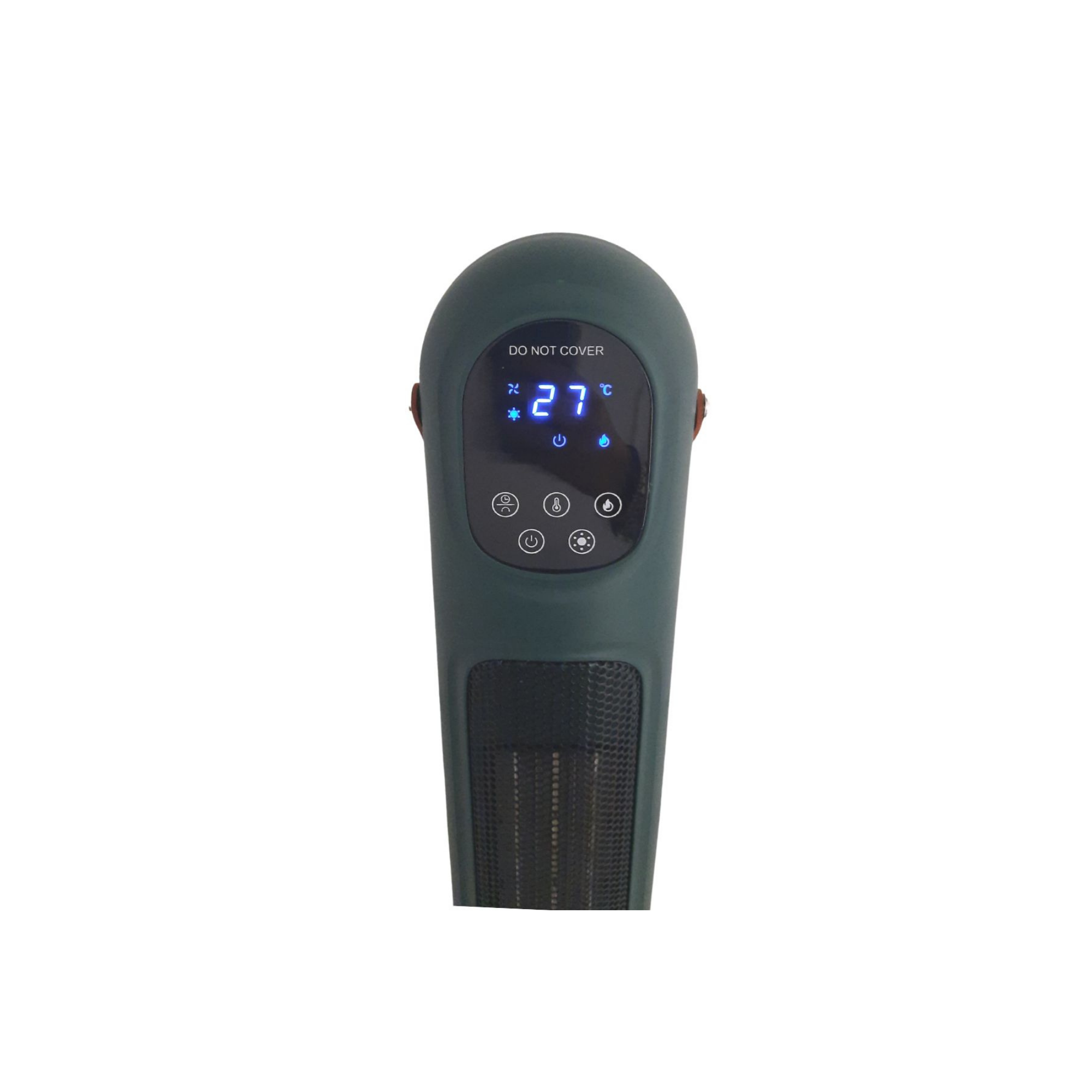 Un calefactor de torre verde oscuro muestra la temperatura de 27°C. Tiene varios botones de control y una advertencia 'DO NOT COVER'.