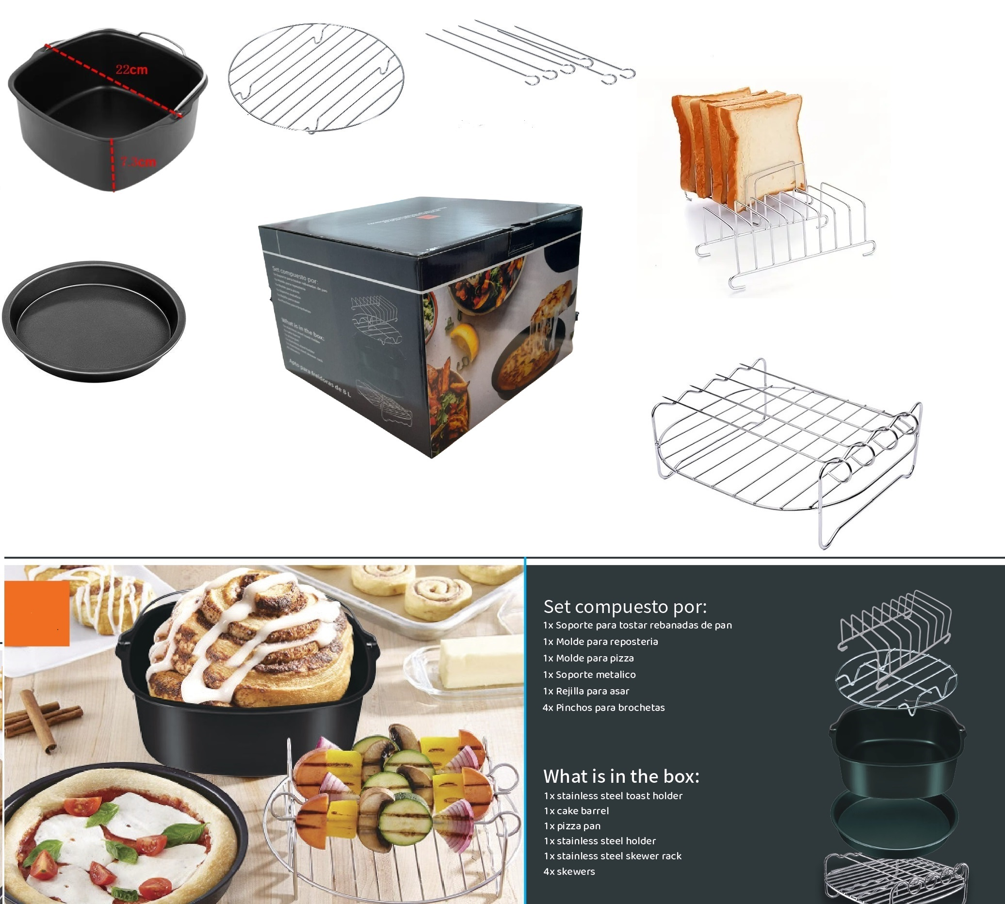 Un juego de accesorios para freidora de aire. Incluye una sartén cuadrada, una sartén redonda, brochetas, rejilla, portapanes y una caja con los componentes del juego.