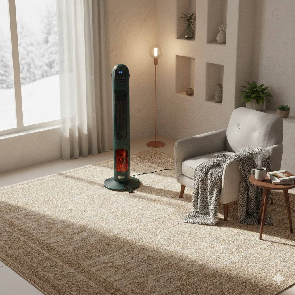 Un calefactor verde en una habitación con alfombra, sillón y mesa auxiliar. Una ventana con vista nevada al fondo.