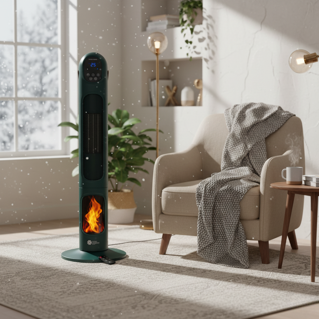 Un calentador verde con pantalla de fuego, junto a un sillón beige con manta gris, mesa auxiliar con taza y ventana nevada.