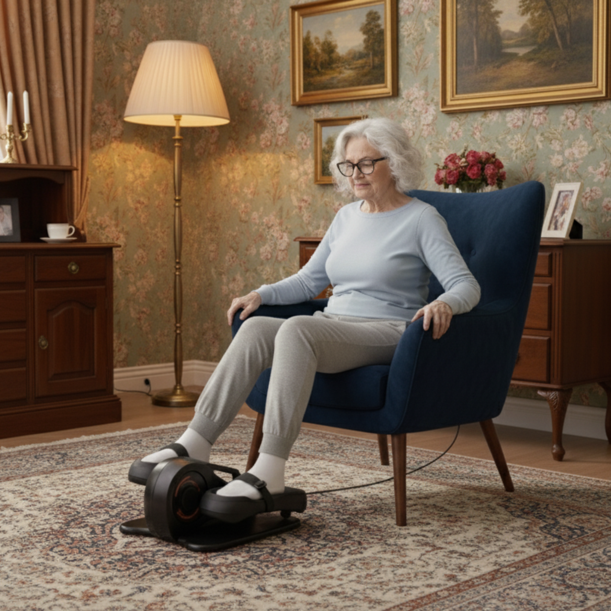 Una anciana se ejercita en interiores con una máquina elíptica. Está sentada en un sillón azul en una habitación con papel pintado floral.