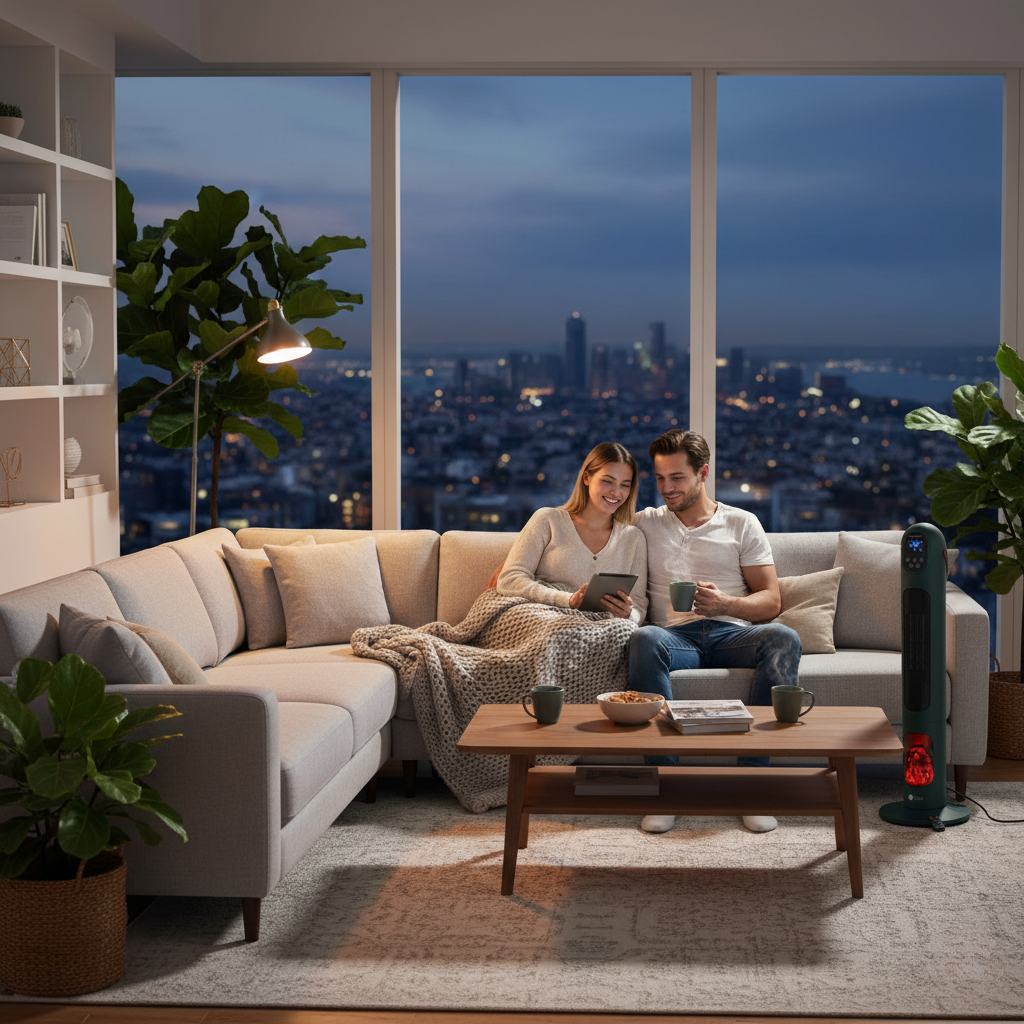 Una pareja sentada en un sofá, mirando una tableta, con tazas. Se ve una vista de la ciudad a través de la ventana, plantas y un calentador cerca.