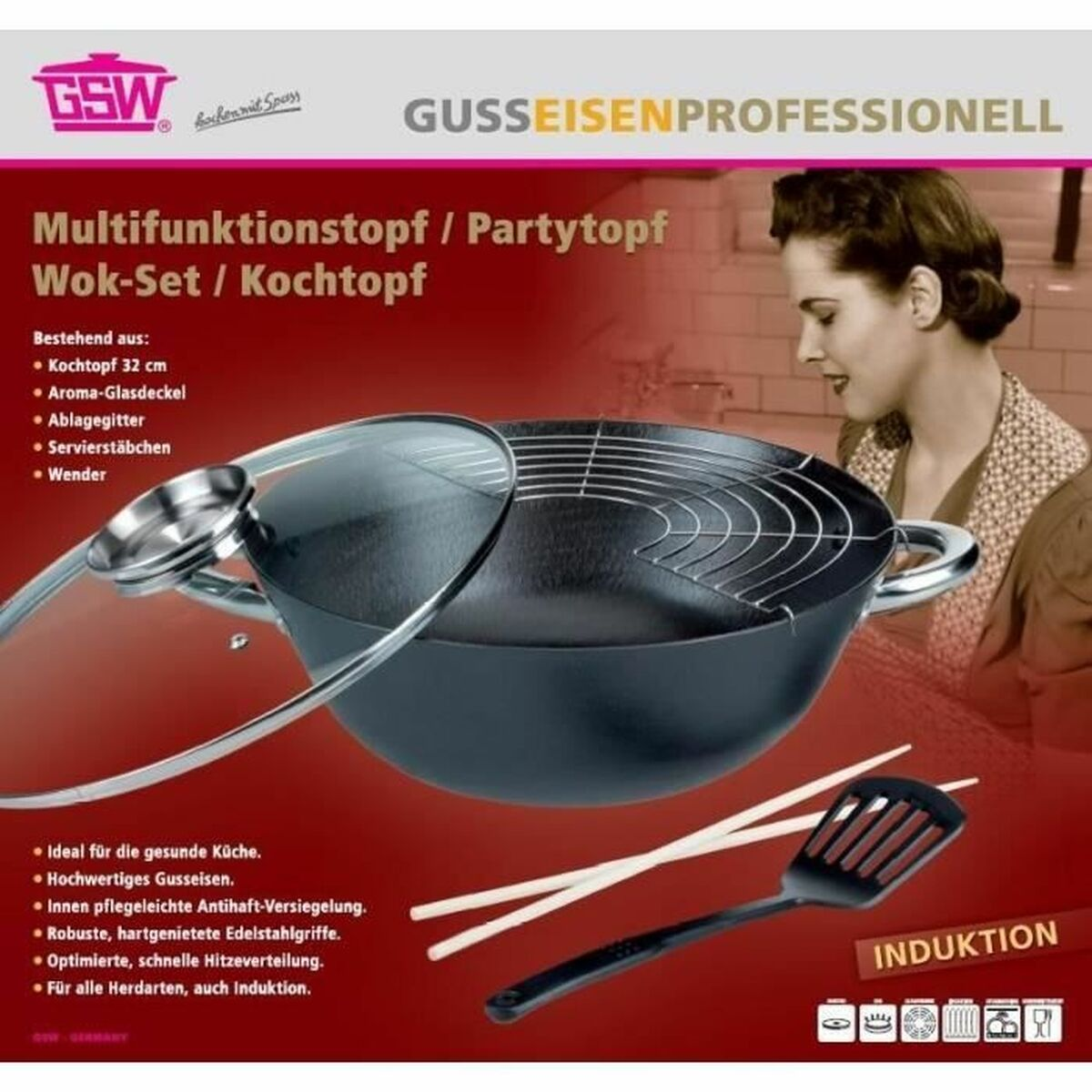 Ein Wok-Set mit Glasdeckel, Servierstäbchen und Spatel wird gezeigt. Im Hintergrund ist eine Frau zu sehen. Text listet Merkmale und Induktion auf.