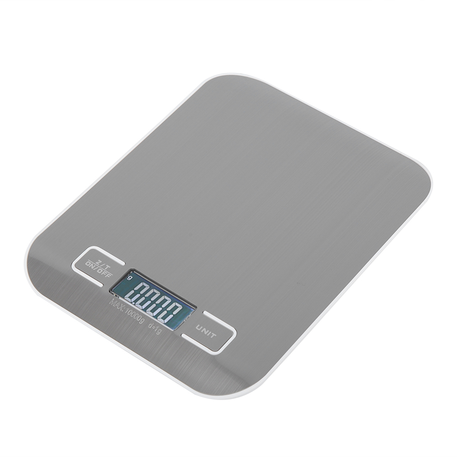 Eine digitale Küchenwaage mit grauer Oberfläche und einem Display mit 0,000. Sie hat eine Ein-/Aus-Taste und eine Einheitentaste.