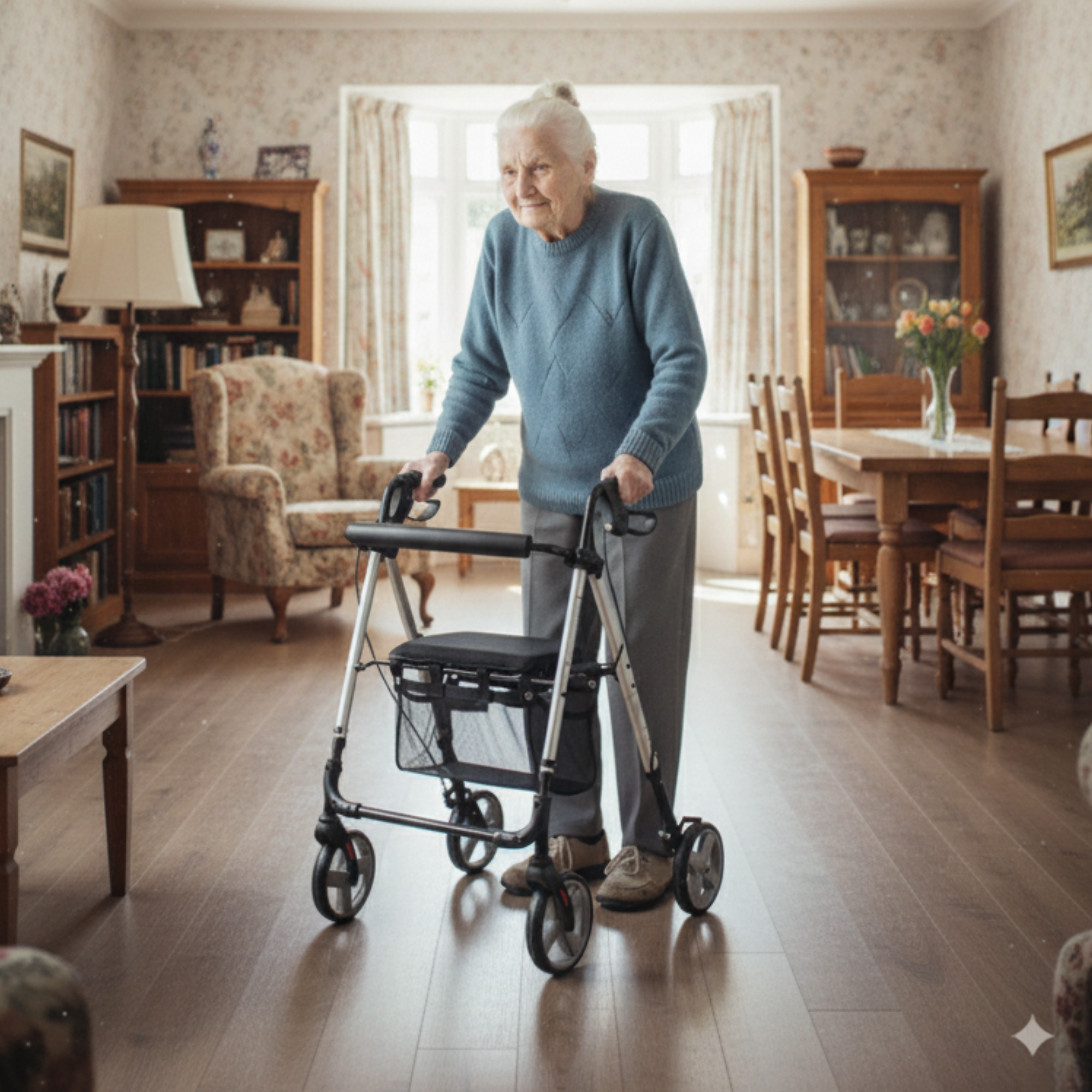 Una anciana usando un andador en interiores. Viste suéter azul y pantalones grises. La habitación tiene muebles de madera y papel tapiz floral.