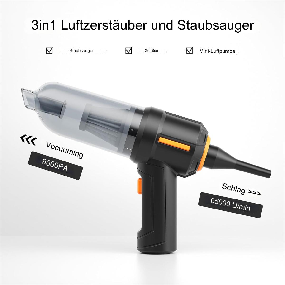 Ein schwarzer und oranger 3-in-1-Luftstaubsauger mit deutschem Text. Enthält Vakuum- und Geschwindigkeitsspezifikationen.